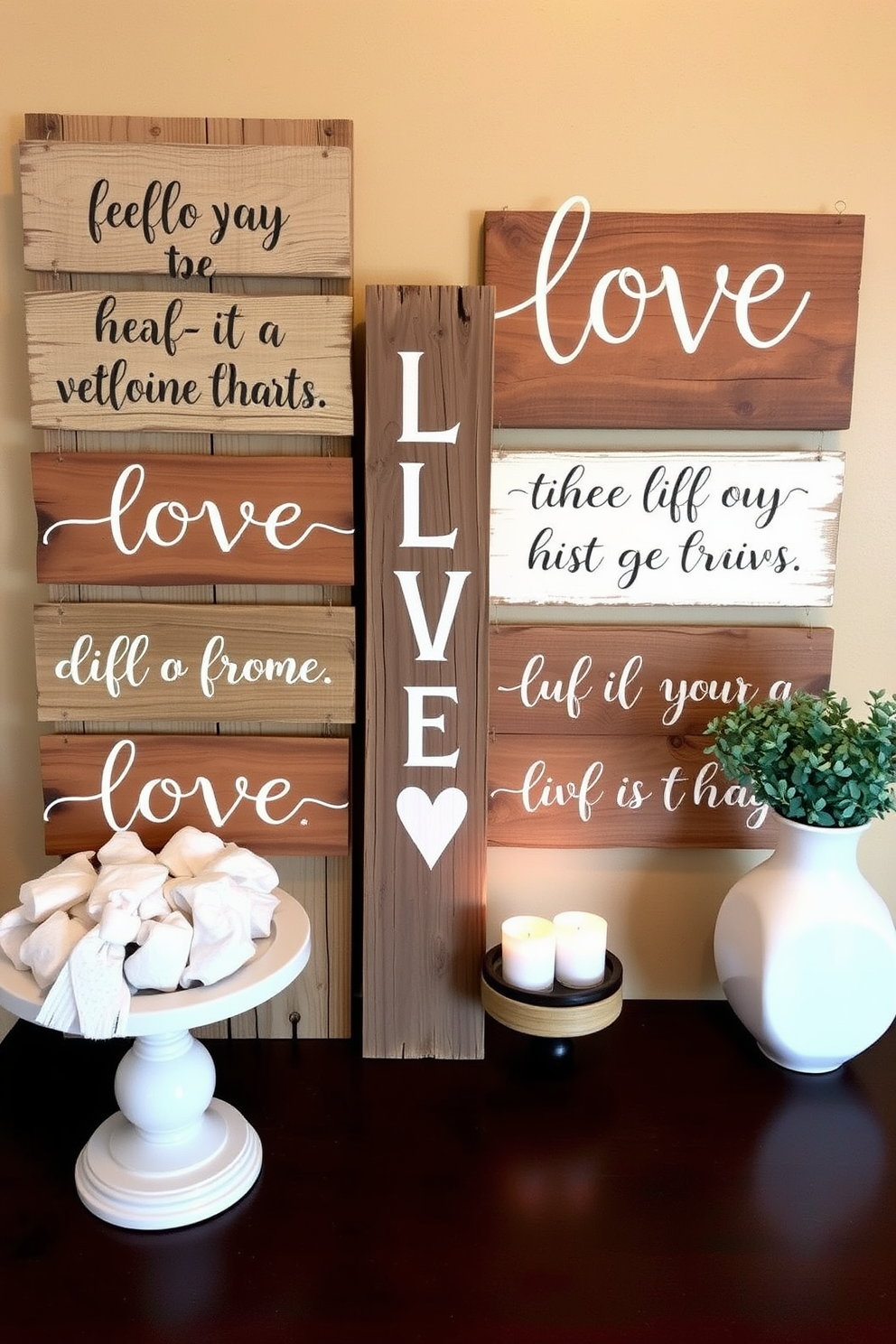 Rustic wooden signs adorned with heartfelt love messages create a warm and inviting atmosphere for Valentine's Day. These signs can be strategically placed around the home, enhancing the cozy and romantic decor theme.