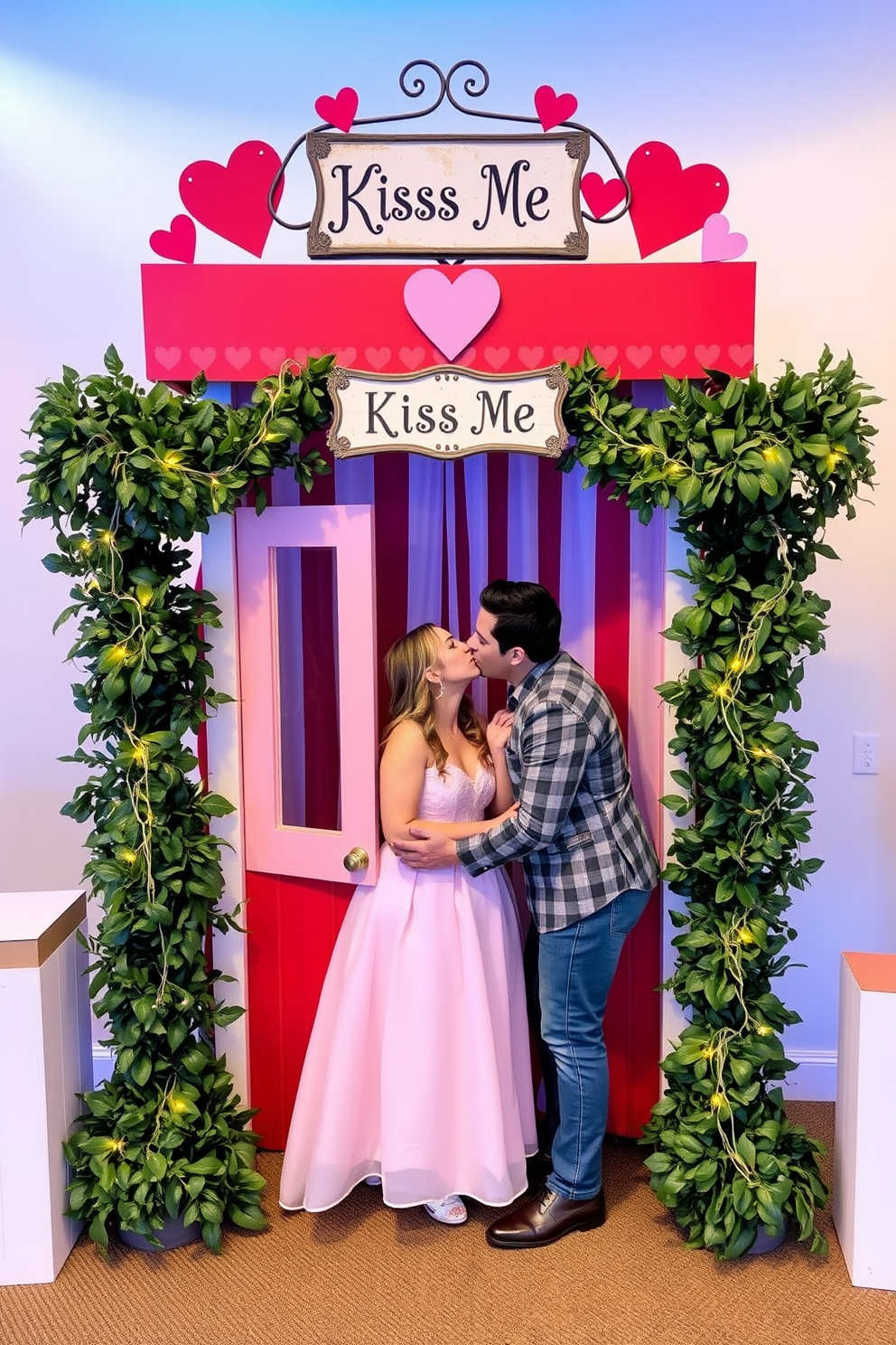 A charming kissing booth backdrop designed for Valentine's Day celebrations. The structure features a whimsical red and white color scheme with heart-shaped decorations adorning the top. Flanked by lush greenery and fairy lights, the booth invites couples to capture romantic moments. A vintage-style sign reading 