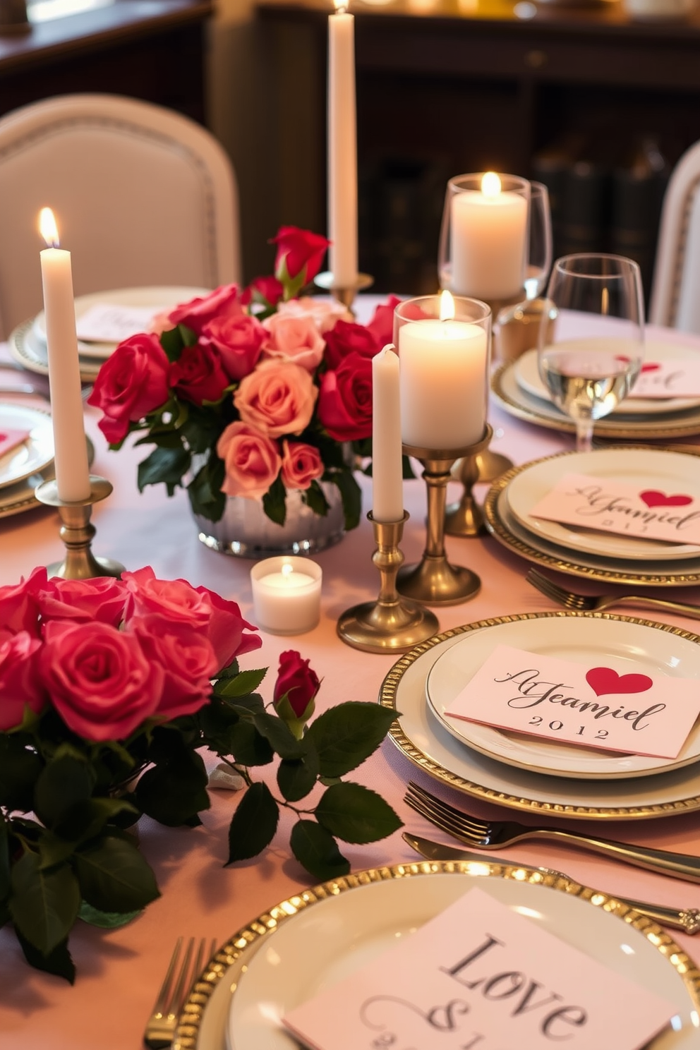 Create a romantic dining setting for Valentine's Day. Each plate is adorned with a personalized love note written in elegant script, adding a heartfelt touch to the table. The table is set with soft pink table linens and surrounded by flickering candlelight. Fresh roses in varying shades of red and pink are arranged in a centerpiece, creating a warm and inviting atmosphere.