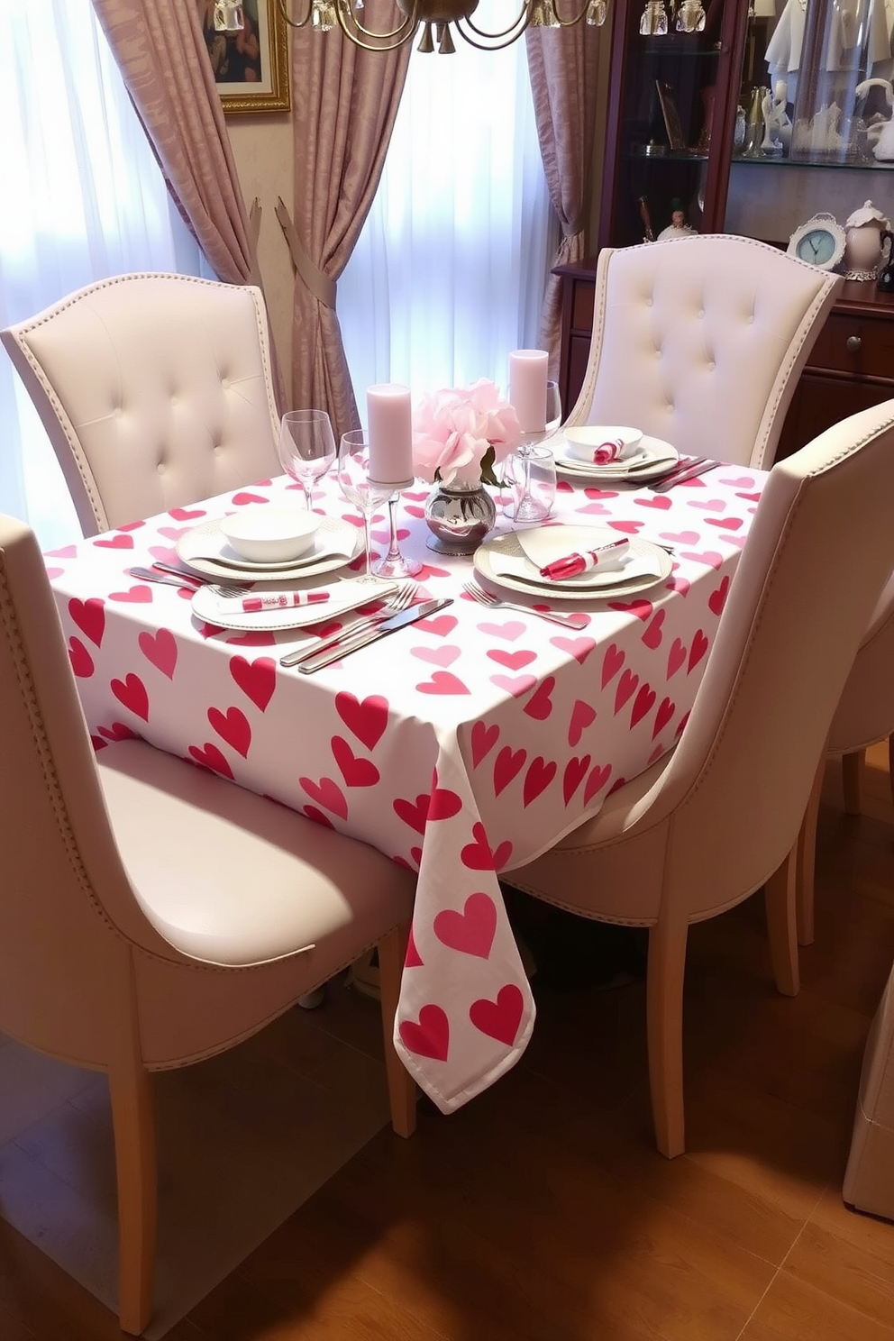 A dining table is elegantly set with a heart patterned tablecloth that adds a romantic touch for Valentine's Day. Surrounding the table are beautifully upholstered chairs in soft pastel colors, creating a warm and inviting atmosphere.