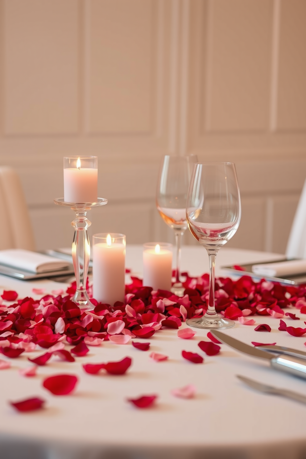 Create a romantic dining setting for Valentine's Day. The tables are adorned with a delicate scattering of rose petals in shades of red and pink, complemented by elegant candle holders and soft lighting.