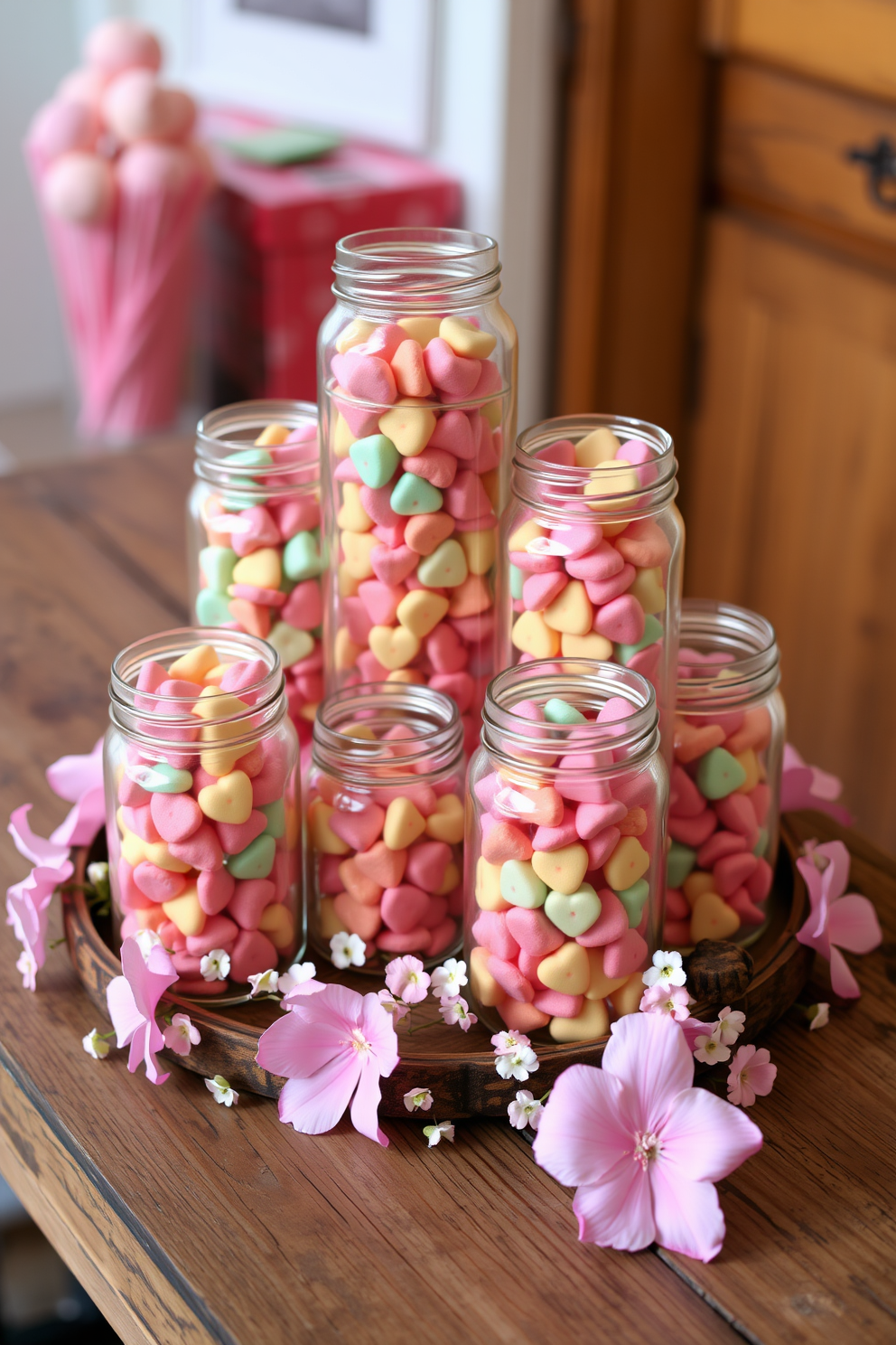 A whimsical display of glass jars filled with colorful candy hearts sits on a rustic wooden table. The jars are arranged in varying heights, surrounded by delicate pink and white flowers, creating a festive and inviting atmosphere for Valentine's Day.