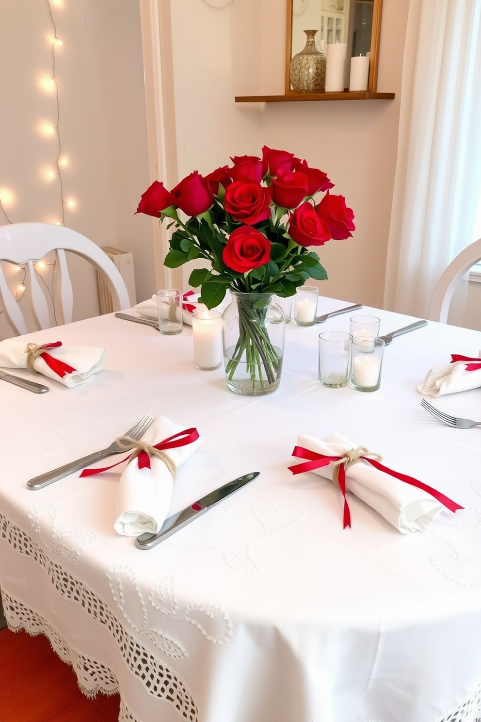 Create a charming dining table setting for Valentine's Day. The table is adorned with a white tablecloth featuring delicate lace edges, and each place setting includes a heart-shaped napkin ring crafted from natural twine and red ribbon. Surround the table with soft, ambient lighting using string lights and candles in glass holders. Fresh red roses in a simple vase serve as a centerpiece, adding a romantic touch to the overall decor.