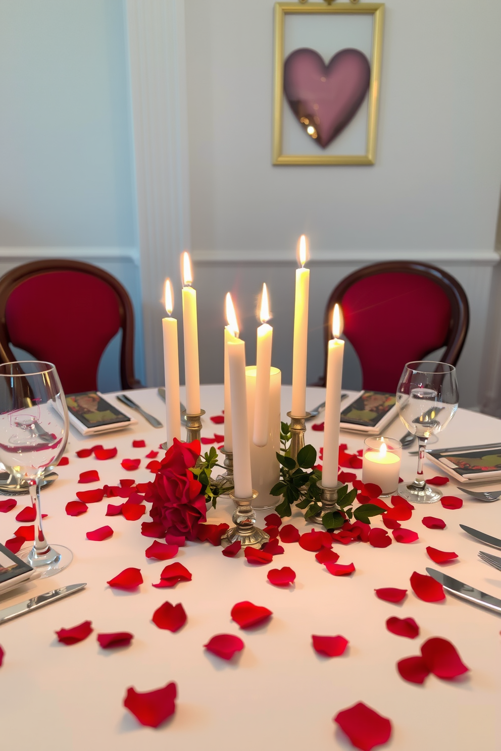 A romantic candlelit dining table is elegantly set for a special Valentine's Day celebration. The table is adorned with a soft white tablecloth, and scattered rose petals create a warm, inviting atmosphere. At the center, a collection of flickering candles in varying heights casts a gentle glow, enhancing the intimacy of the setting. Delicate glassware and fine china complement the arrangement, while a small bouquet of red roses adds a touch of color.