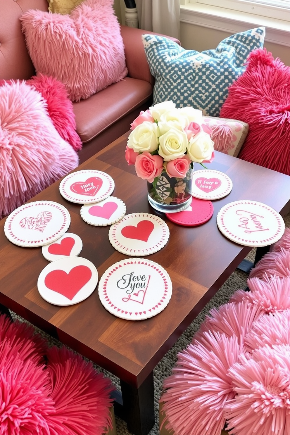 A cozy coffee table adorned with Valentine themed coasters featuring hearts and romantic motifs. Surrounding the table are soft, plush cushions in shades of pink and red, creating an inviting atmosphere for a Valentine's Day celebration.