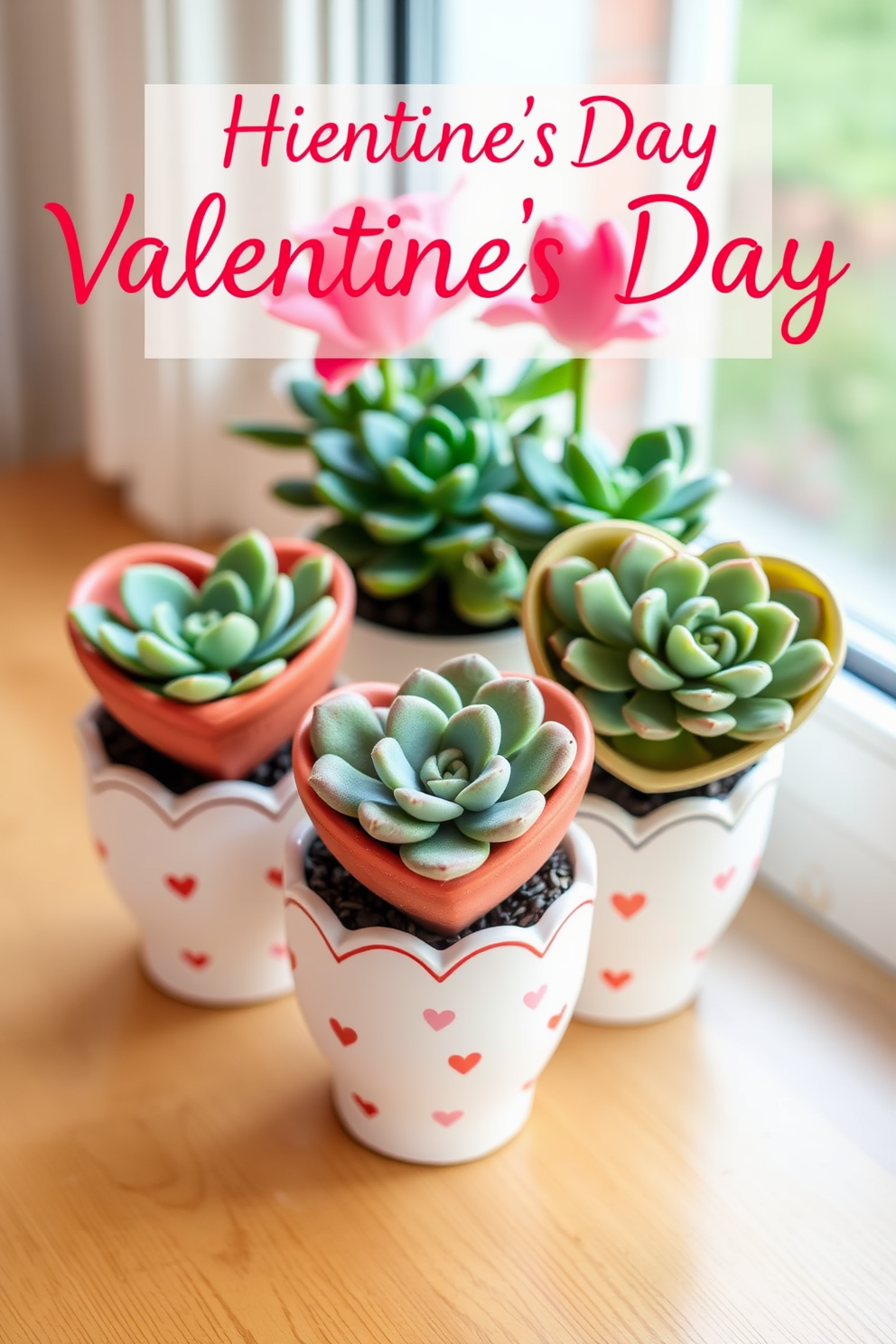 Heart shaped succulents in charming pots create a delightful and romantic atmosphere for Valentine's Day. These unique plants can be arranged on a beautifully set table or displayed on a windowsill to bring a touch of nature indoors.