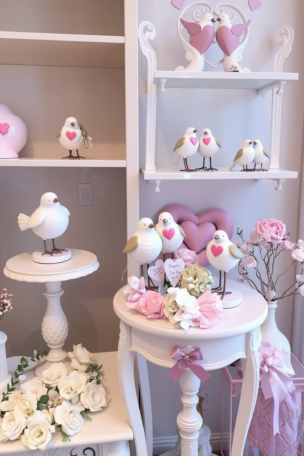 A charming display featuring lovebird figurines perched on elegantly styled shelves and tables. The figurines are surrounded by soft pastel decorations, creating a romantic ambiance perfect for Valentine's Day.