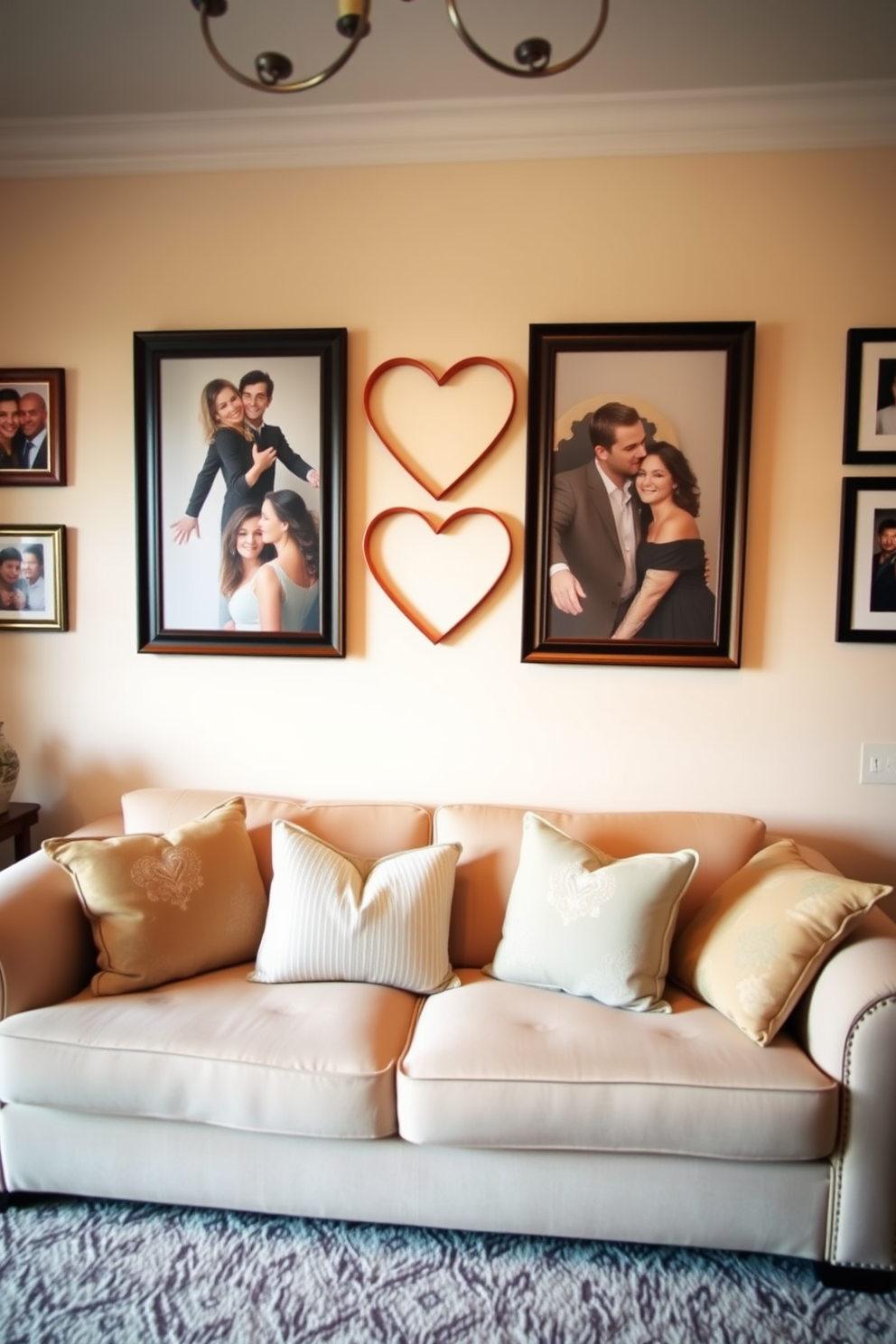 A cozy living room adorned with framed couple photos in heart-shaped frames. The walls are painted in soft pastel colors, and a plush sofa with decorative cushions sits invitingly in the center.