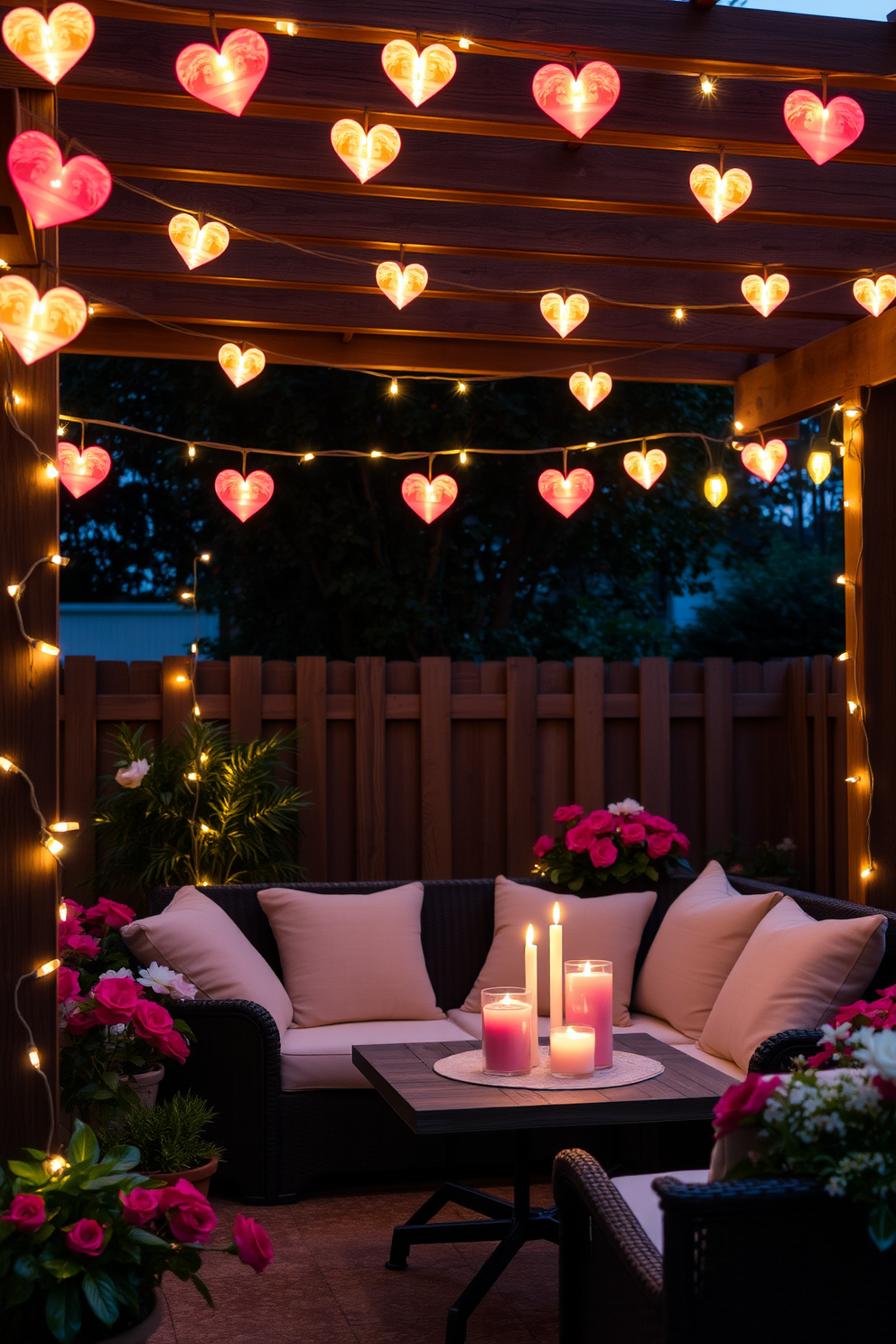 A romantic outdoor setting adorned with string lights shaped like hearts creates a warm and inviting atmosphere. The lights are draped elegantly across a wooden pergola, casting a soft glow over a cozy seating area with plush cushions and a small table. Surrounding the space are potted plants and fresh flowers, adding a touch of color and life. Candles flicker on the table, enhancing the enchanting ambiance perfect for a Valentine's Day celebration.