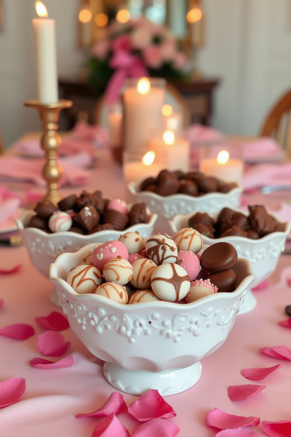 Create a romantic setting for Valentine's Day featuring decorative bowls filled with an assortment of chocolate treats. The bowls are elegantly arranged on a beautifully set dining table adorned with soft pink and white linens, surrounded by flickering candles and rose petals.