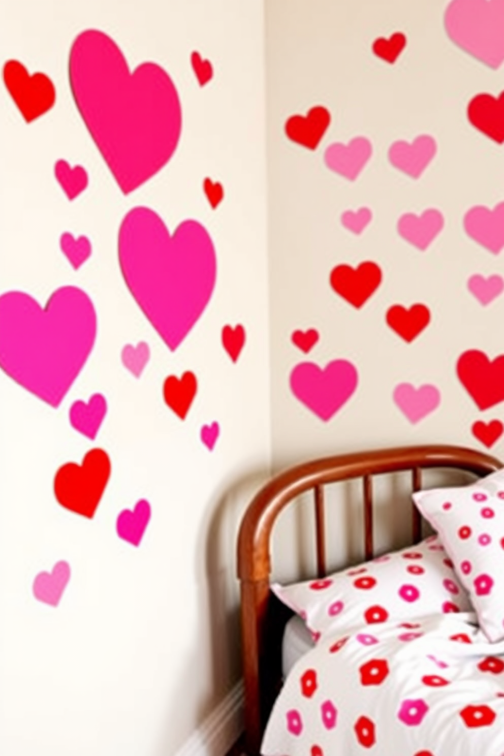 Create a whimsical and colorful kids room featuring Valentine themed wall decals. The walls are adorned with heart-shaped stickers in various shades of pink and red, enhancing the playful atmosphere for Valentine's Day.