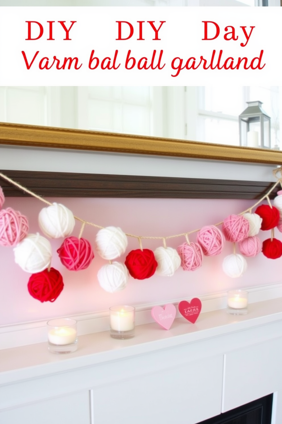 A cozy mantel adorned with a DIY yarn ball garland for Valentine's Day. The garland features an array of soft pastel yarn balls in shades of pink, red, and white, strung together with twine for a charming touch. Surrounding the garland, delicate heart-shaped decorations are placed, enhancing the festive atmosphere. A few small candles in glass holders add warmth and glow to the overall display.