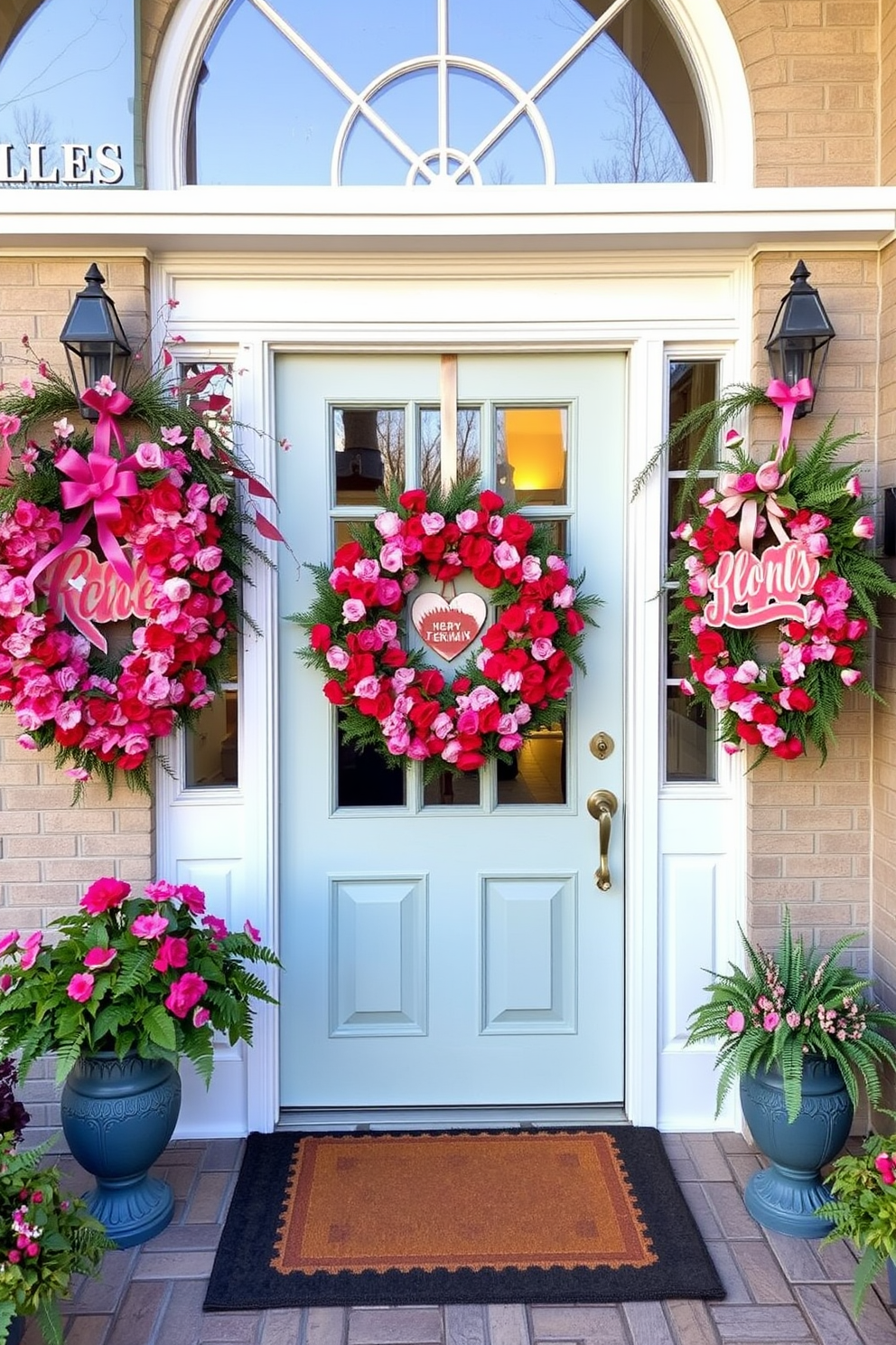 A charming entryway adorned with seasonal wreaths in vibrant shades of pink and red. The wreaths are crafted from fresh flowers and greenery, creating a festive atmosphere for Valentine's Day.