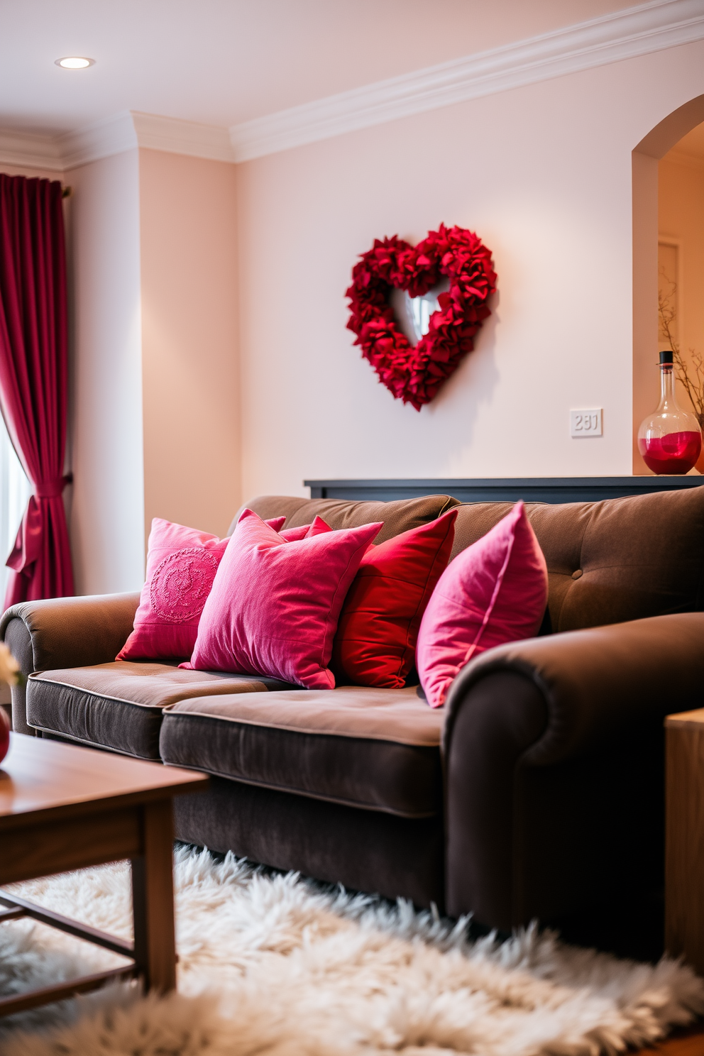 A cozy living room adorned with a plush sofa dressed in vibrant red and pink throw pillows. The space is illuminated by soft lighting, creating a warm and inviting atmosphere perfect for Valentine's Day celebrations.