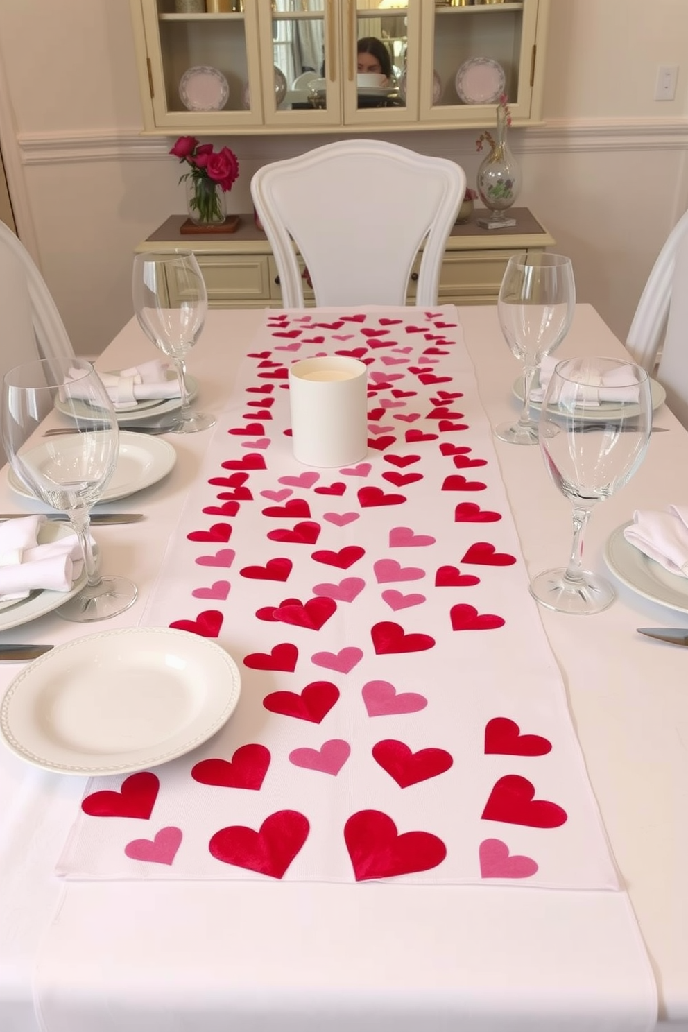 A charming dining table set for a romantic Valentine's Day celebration. The table is adorned with a beautiful table runner featuring an array of red and pink hearts, complemented by elegant white dinnerware and sparkling glassware.