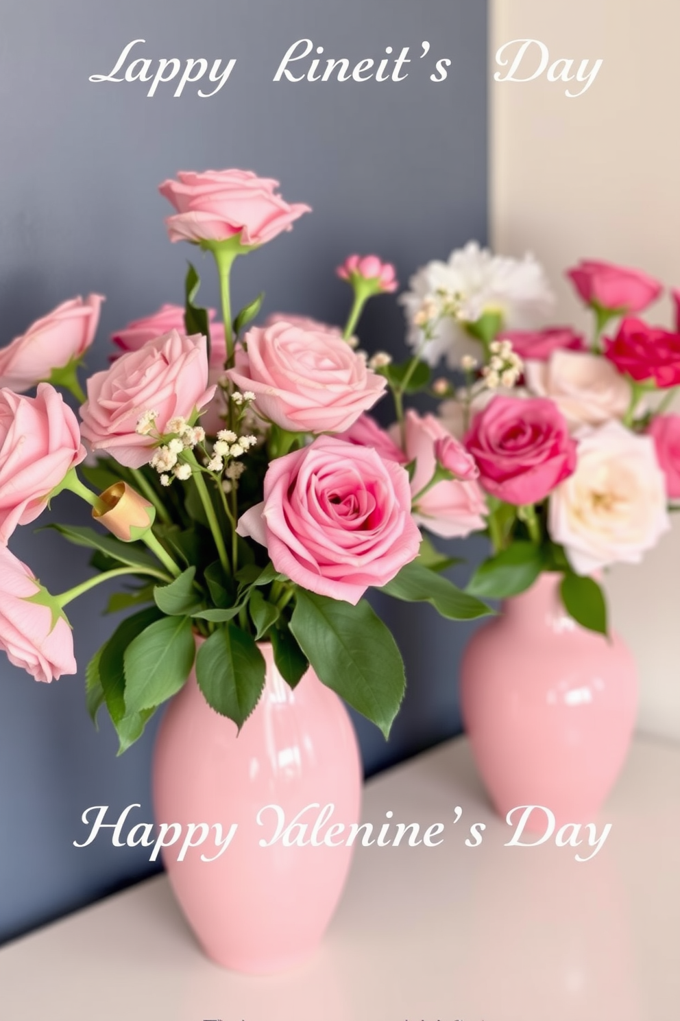 Fresh flower arrangements in pink vases create a romantic and inviting atmosphere for Valentine's Day. The soft hues of the blooms complement the delicate design of the vases, enhancing the overall aesthetic of the space.