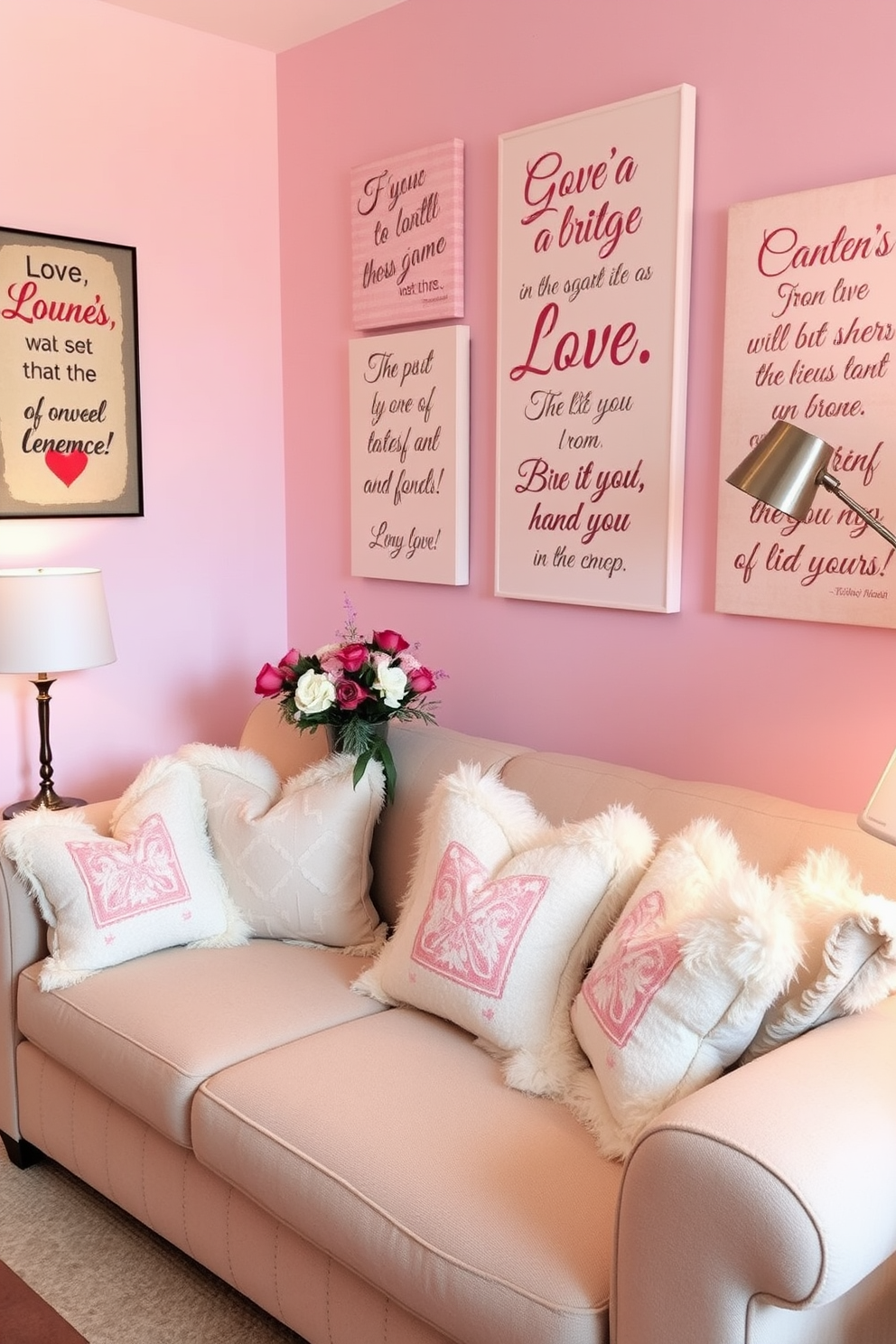 Create an inviting living room adorned with love quotes on decorative wall art. The walls are painted in soft pastel colors, and plush pillows with romantic designs are scattered across a cozy sofa. In one corner, a small table holds a vase filled with fresh flowers, adding a touch of elegance. Soft lighting from stylish lamps creates a warm and intimate atmosphere perfect for Valentine's Day celebrations.