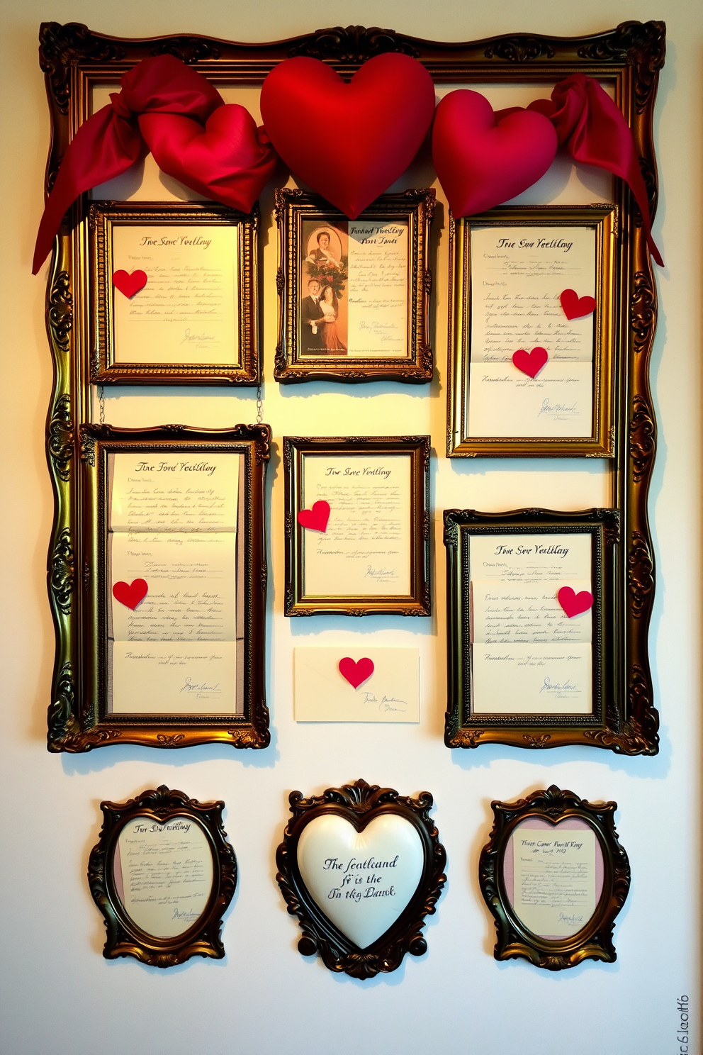 A charming display of vintage love letters elegantly arranged in ornate frames. The frames are hung on a soft pastel wall, creating a romantic atmosphere perfect for Valentine's Day.