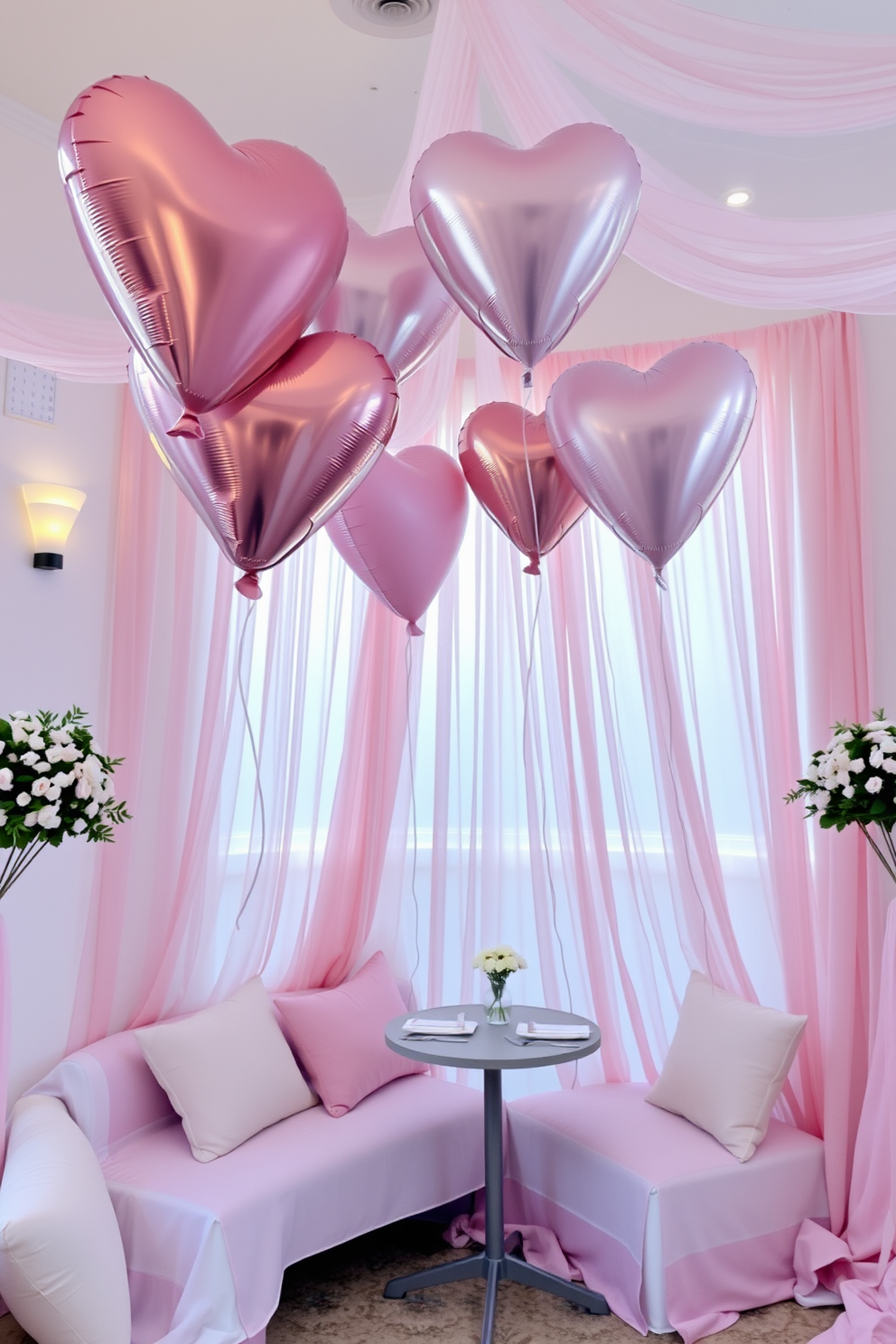 Heart shaped balloons float gently in a bright and airy room adorned with soft pastel decorations. The walls are draped in delicate pink fabric, and a cozy seating area features plush cushions and a small table set for a romantic celebration.