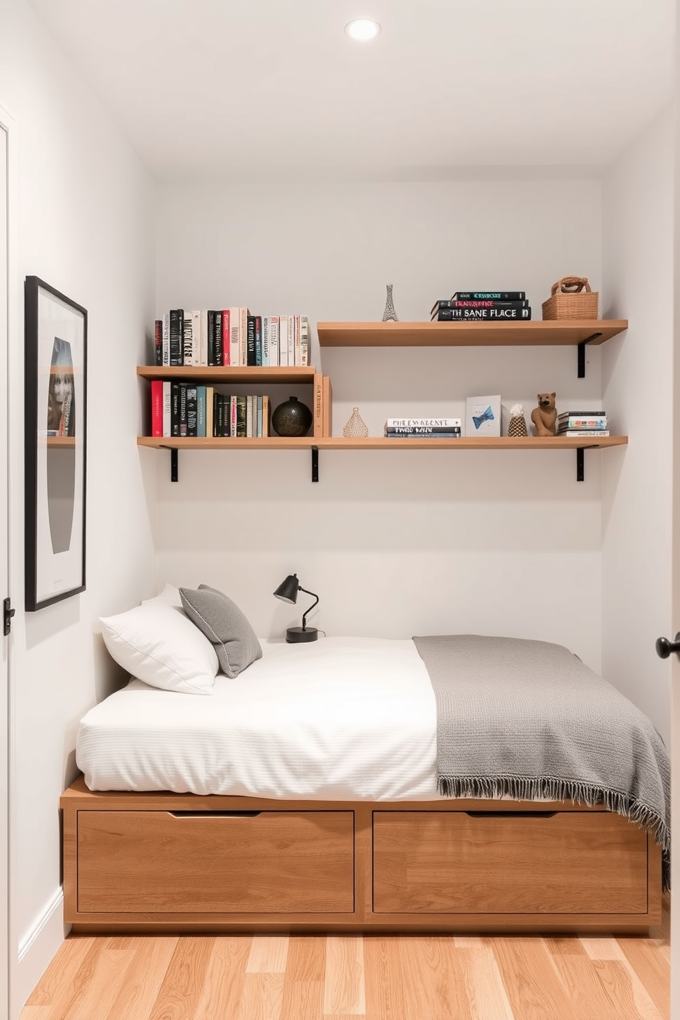 A very small bedroom featuring a clever design that maximizes vertical storage with shelves. The walls are painted in a light color to create an illusion of space, and floating shelves are installed above the bed for books and decorative items. The bed is positioned against one wall, with under-bed storage drawers to keep the area clutter-free. A compact nightstand is placed beside the bed, adorned with a small lamp and a few personal touches to maintain a cozy atmosphere.