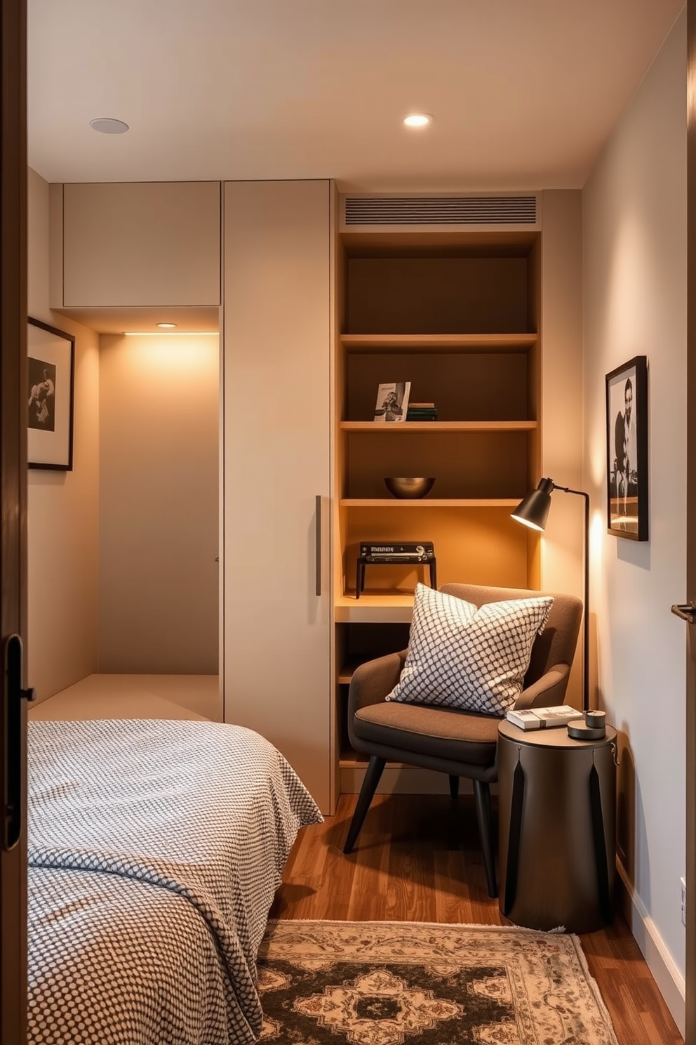 A cozy and efficient very small bedroom design featuring a corner space utilized with a stylish chair. The room includes a compact bed against one wall and soft, ambient lighting that enhances the warm color palette.