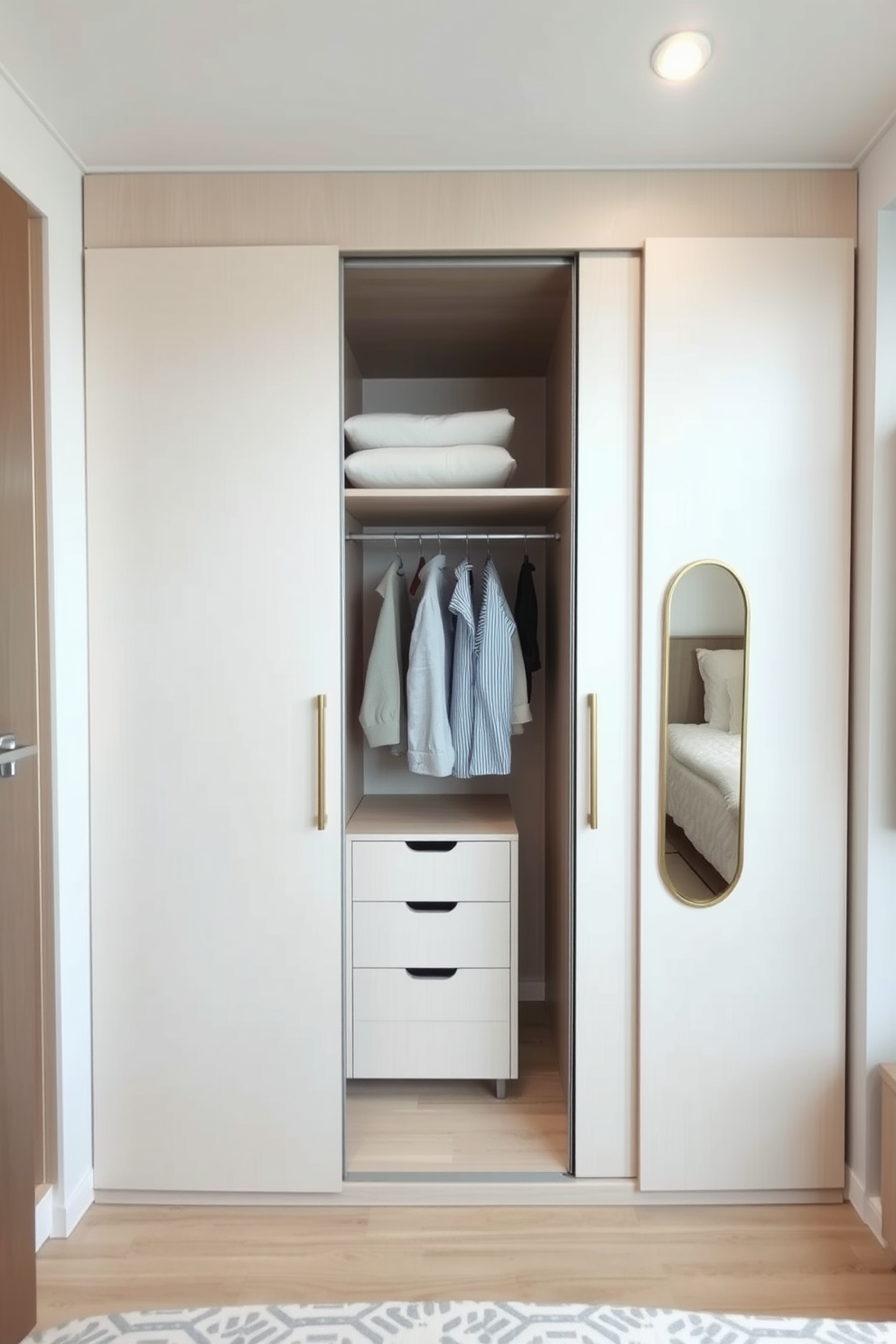 A compact wardrobe design in a very small bedroom features sleek sliding doors that maximize space. The interior is organized with shelves, hanging rods, and pull-out drawers to keep belongings tidy and accessible. Soft, neutral colors on the wardrobe blend seamlessly with the light-colored walls, creating an illusion of more space. A small accent mirror is mounted on one side to enhance the room's brightness and functionality.