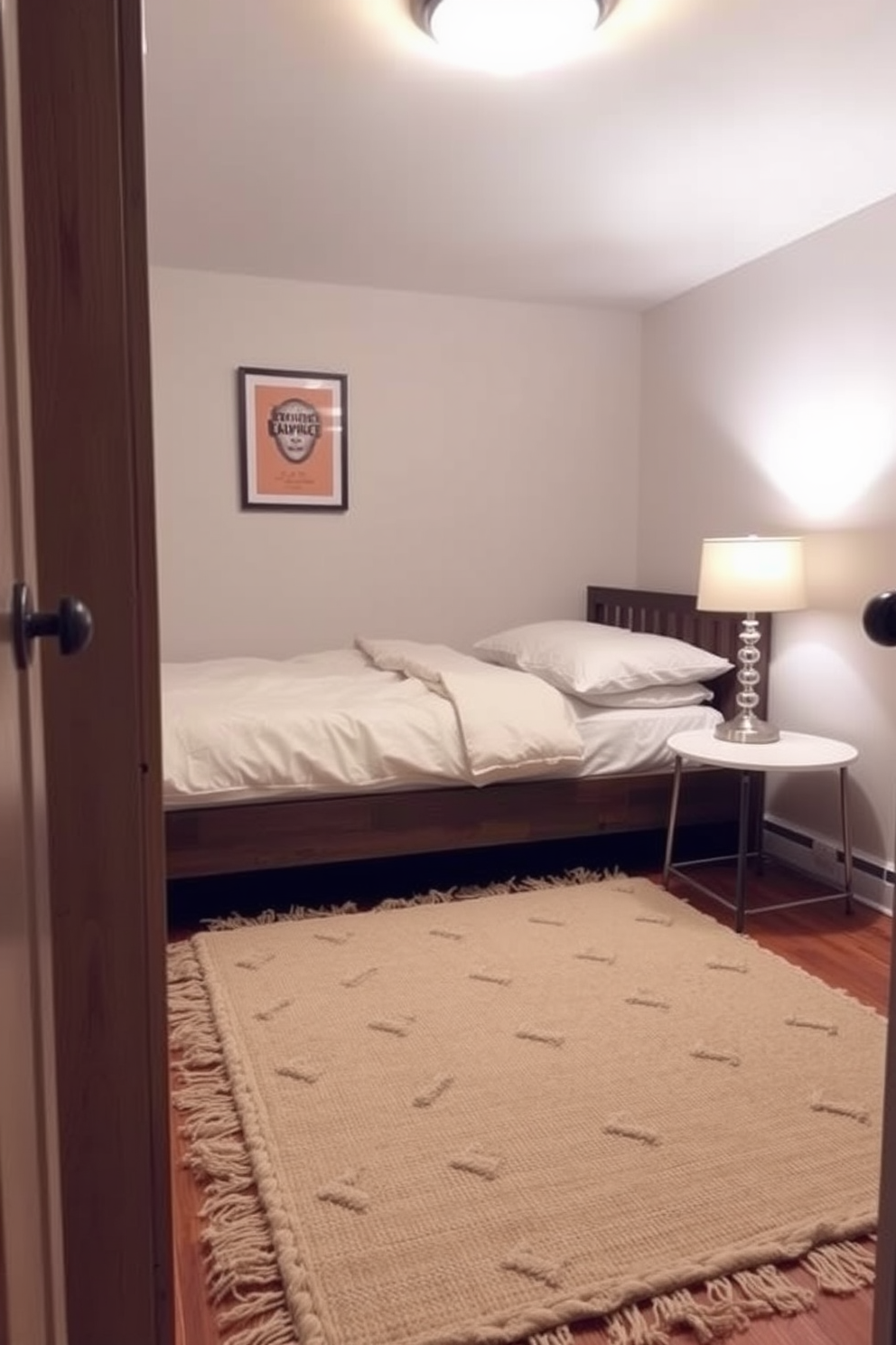 A very small bedroom features a cozy atmosphere with a light rug placed centrally to define the sleeping area. The bed is adorned with soft linens and positioned against a wall, while a compact nightstand holds a stylish lamp for ambient lighting.