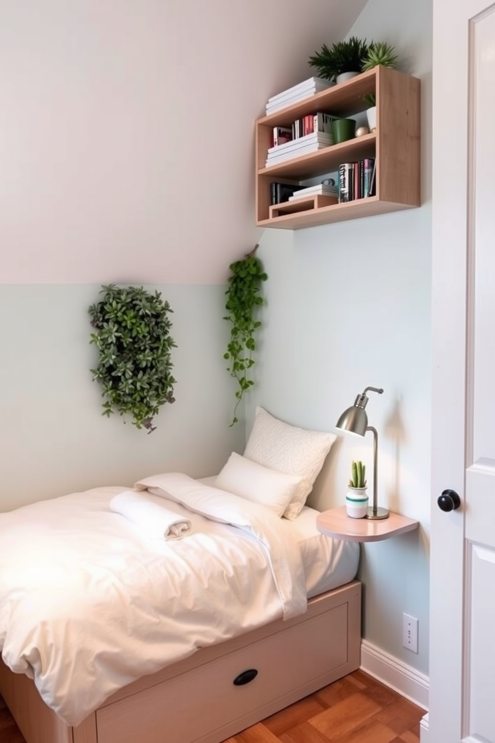 A cozy very small bedroom featuring a compact bed with built-in storage underneath. Soft pastel colors adorn the walls, and a small nightstand holds a lamp and a decorative plant for a fresh touch. In one corner, a vertical garden of succulents adds greenery without taking up much space. A wall-mounted shelf displays books and personal items, maximizing the use of vertical space.