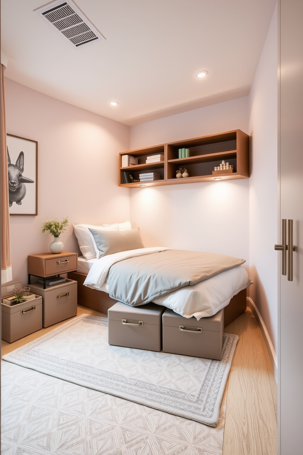 A very small bedroom designed for optimal space efficiency. The room features decorative boxes that blend seamlessly with the decor while providing hidden storage solutions. Soft pastel colors adorn the walls, creating a calming atmosphere. A compact bed is positioned against one wall, with floating shelves above for additional storage and display.