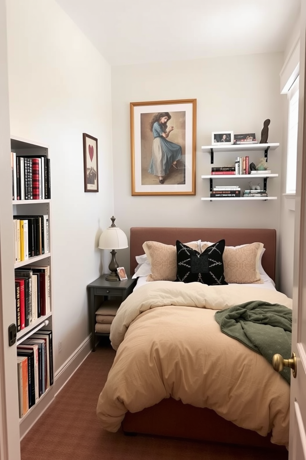 A very small bedroom featuring a cozy bed with a plush duvet and decorative pillows. The walls are painted in a soft pastel color, and a small nightstand with a lamp sits beside the bed. Incorporate vertical storage solutions to maximize space, such as wall-mounted shelves filled with books and decorative items. Hang artwork above the bed to draw the eye upward, creating the illusion of height in the room.