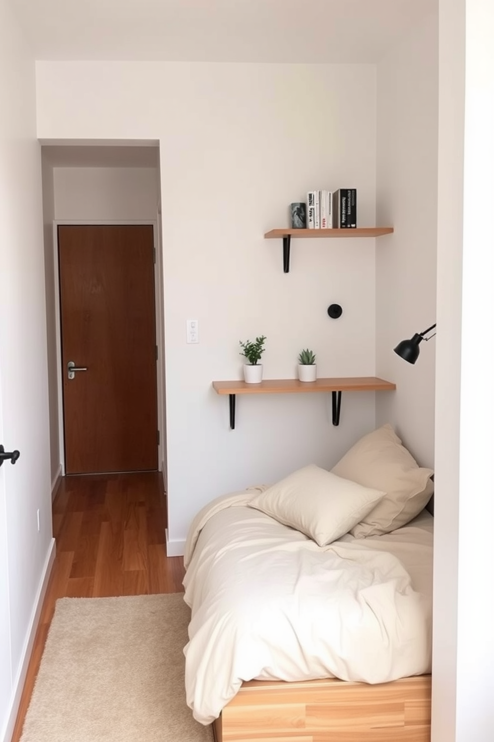 A cozy very small bedroom featuring a sliding door that opens to a compact closet, maximizing floor space. The bed is positioned against the wall with built-in shelves above it, and soft lighting creates a warm ambiance. The walls are painted in a light pastel color to enhance the sense of openness. A small bedside table holds a minimalist lamp and a few decorative items, while a plush rug adds comfort underfoot.