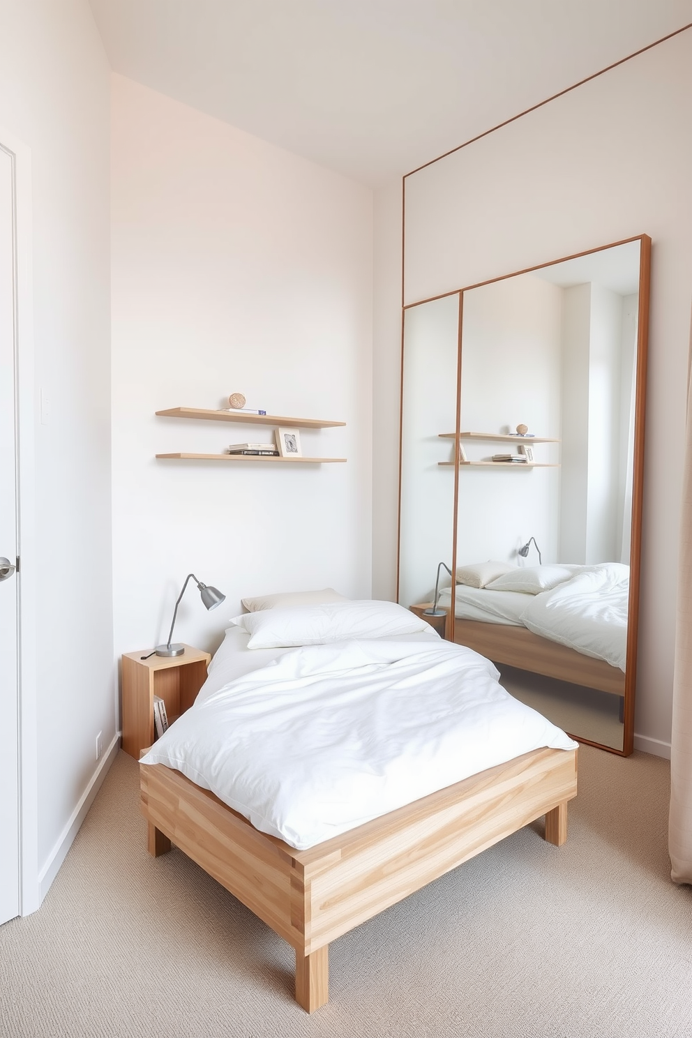 A very small bedroom design featuring a minimalist bed with a light wood frame and soft white bedding. The walls are painted in a soft pastel color to create an airy feel, and a single floating shelf holds a few decorative items. A compact nightstand in matching wood sits beside the bed, topped with a small lamp and a book. A large mirror on one wall reflects natural light, making the space feel larger and more open.