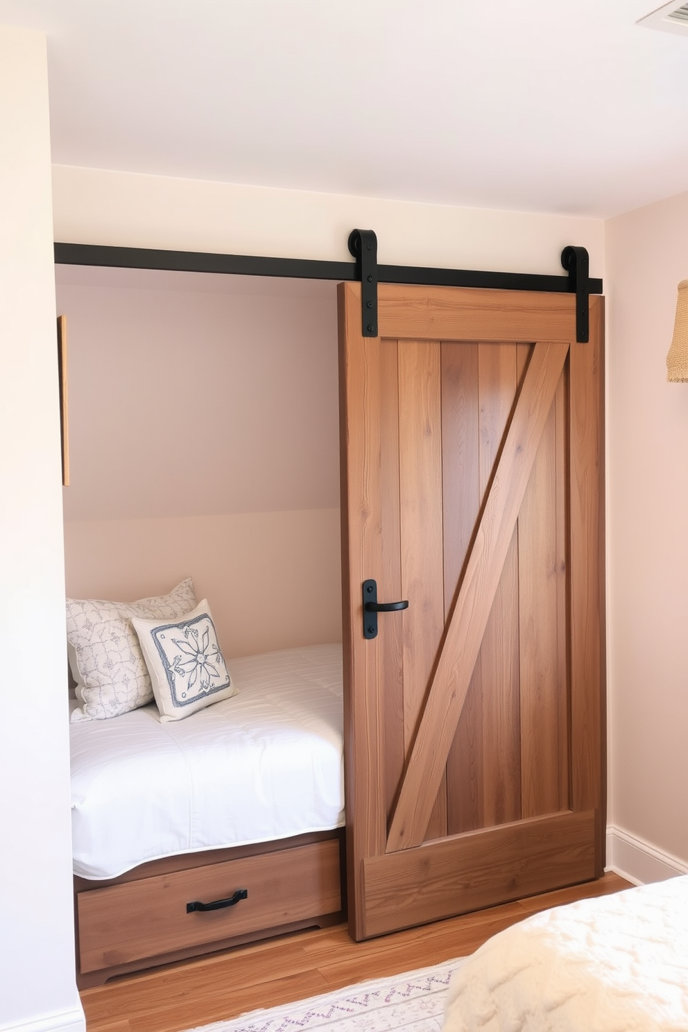 A cozy very small bedroom featuring a sliding barn door that adds a touch of rustic charm. The walls are painted in a soft pastel color, and a compact bed with built-in storage is positioned against one wall.