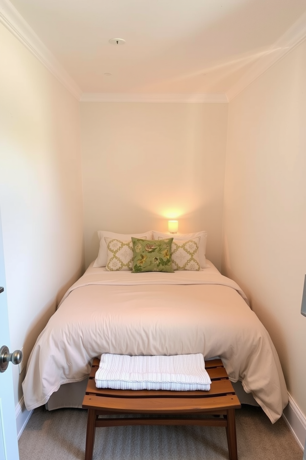 A cozy very small bedroom featuring a neatly made bed with soft bedding and decorative pillows. At the foot of the bed, a small wooden bench provides a functional yet stylish touch to the space. The walls are painted in a light pastel color to enhance the sense of openness. A compact nightstand with a small lamp sits beside the bed, creating a warm and inviting atmosphere.