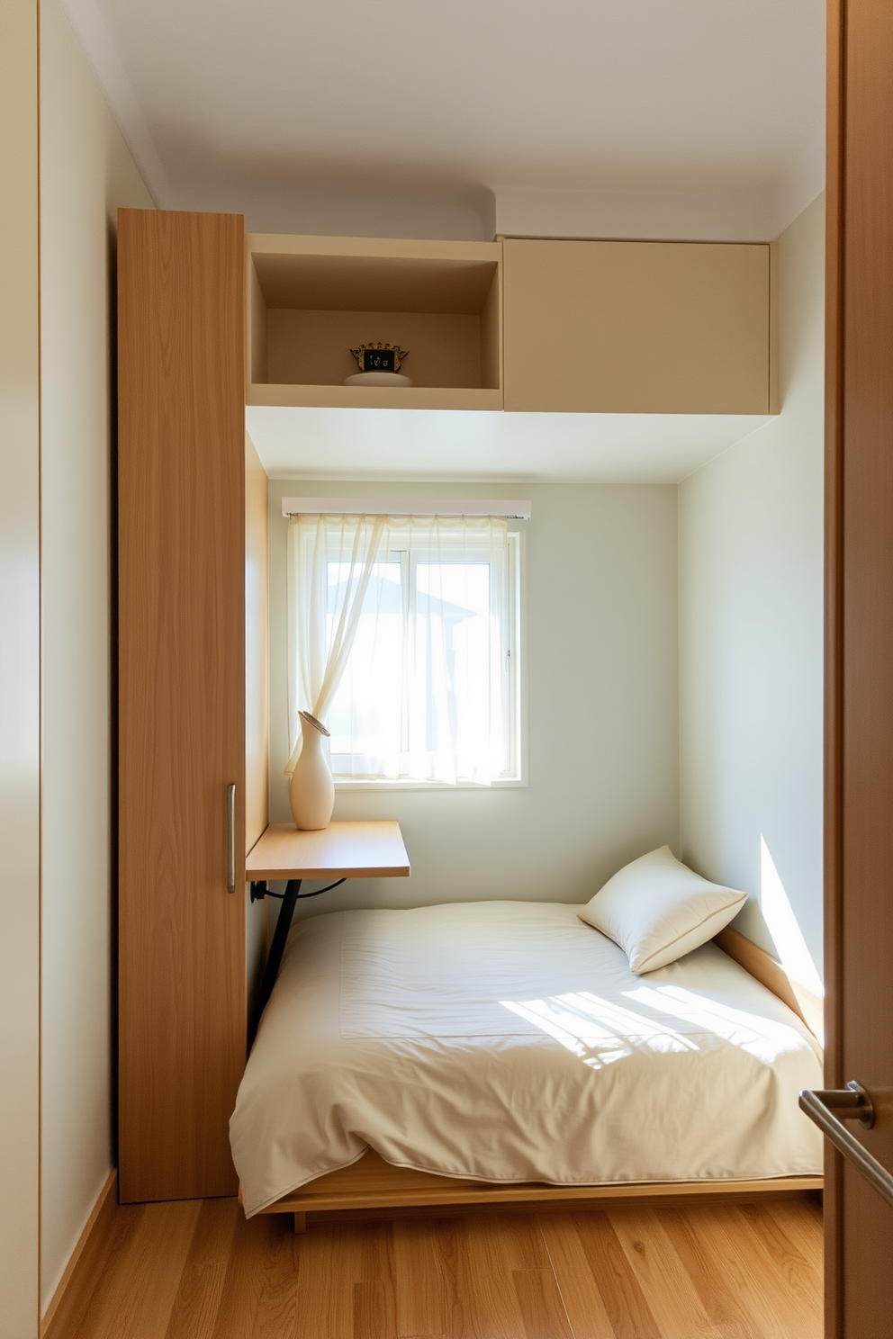 A very small bedroom featuring a foldable wall-mounted bed that seamlessly transforms the space. The walls are painted in a soft pastel color, and there are minimalist shelves above the bed for storage and decor. Natural light floods the room through a small window adorned with sheer curtains. A compact desk is placed opposite the bed, providing a functional workspace without crowding the area.