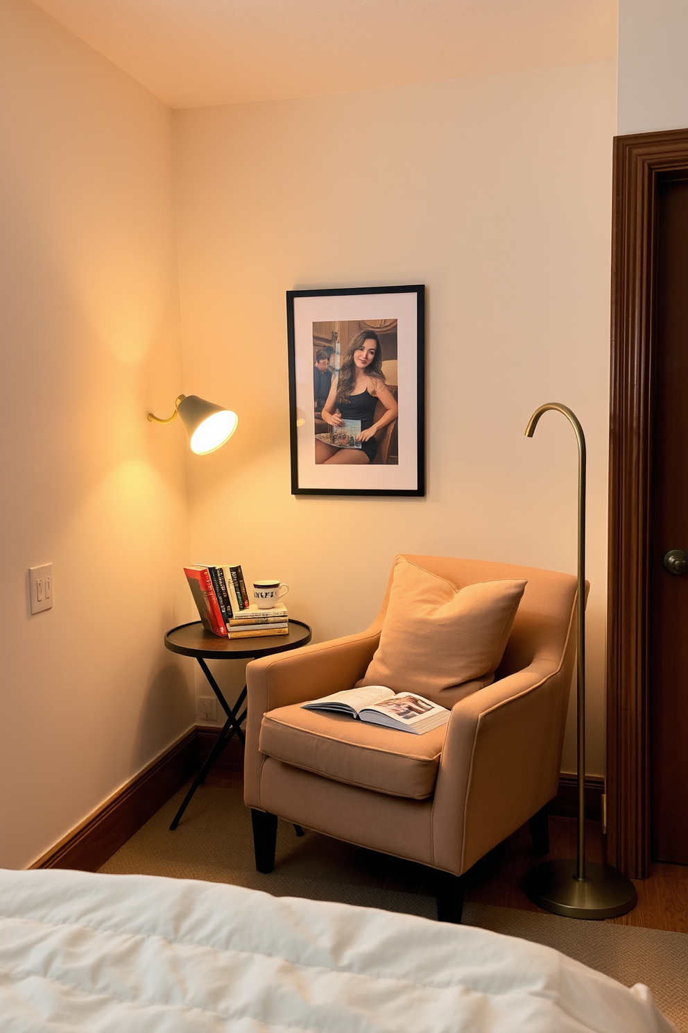 A cozy very small bedroom features a compact vanity with a sleek design for grooming. The walls are painted in soft pastel colors, and a plush bed with storage drawers is positioned against one wall.