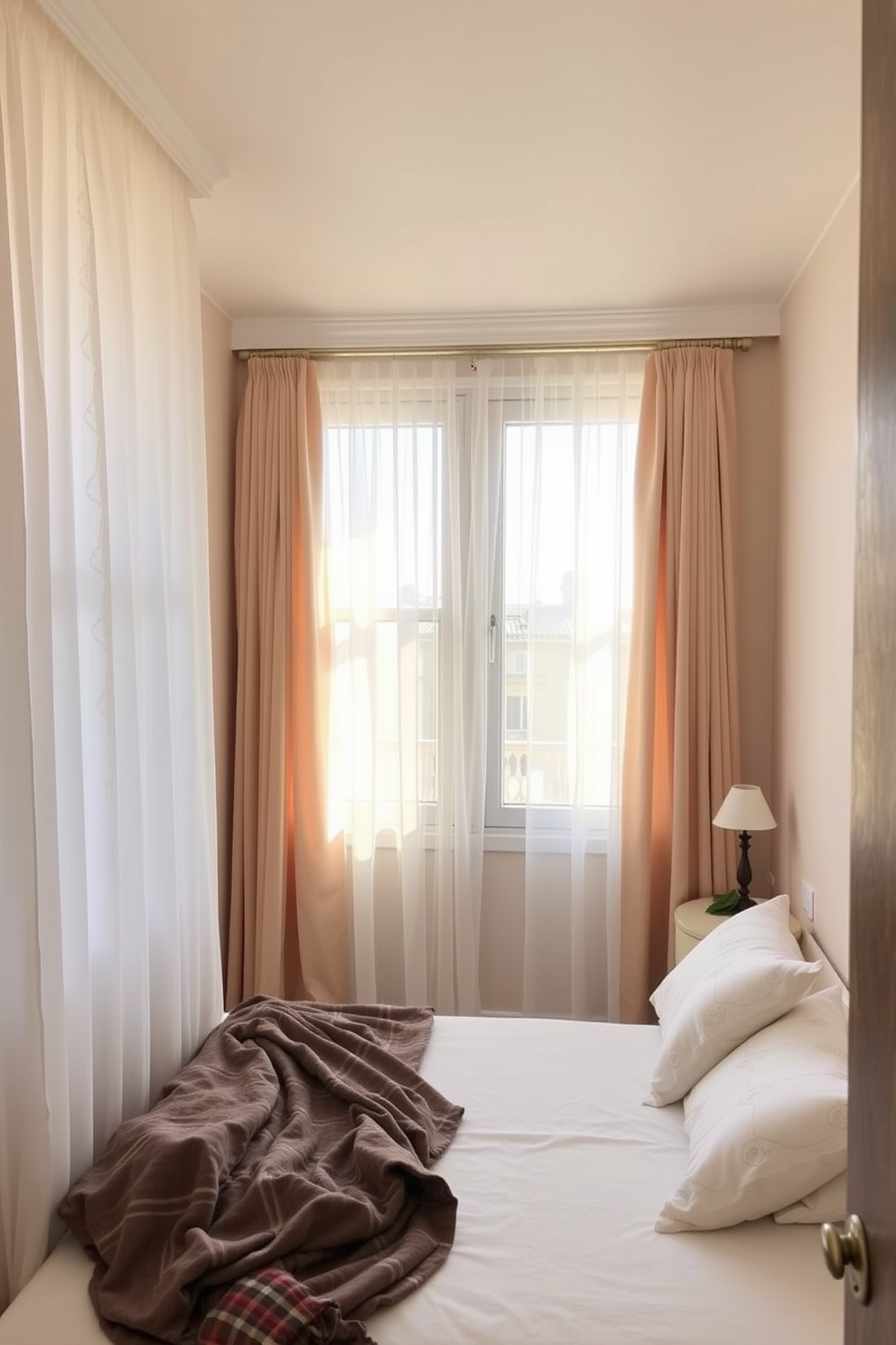 A very small bedroom design featuring sheer curtains that allow natural light to fill the space. The walls are painted in a soft pastel color to create a calming atmosphere while maximizing the sense of openness.