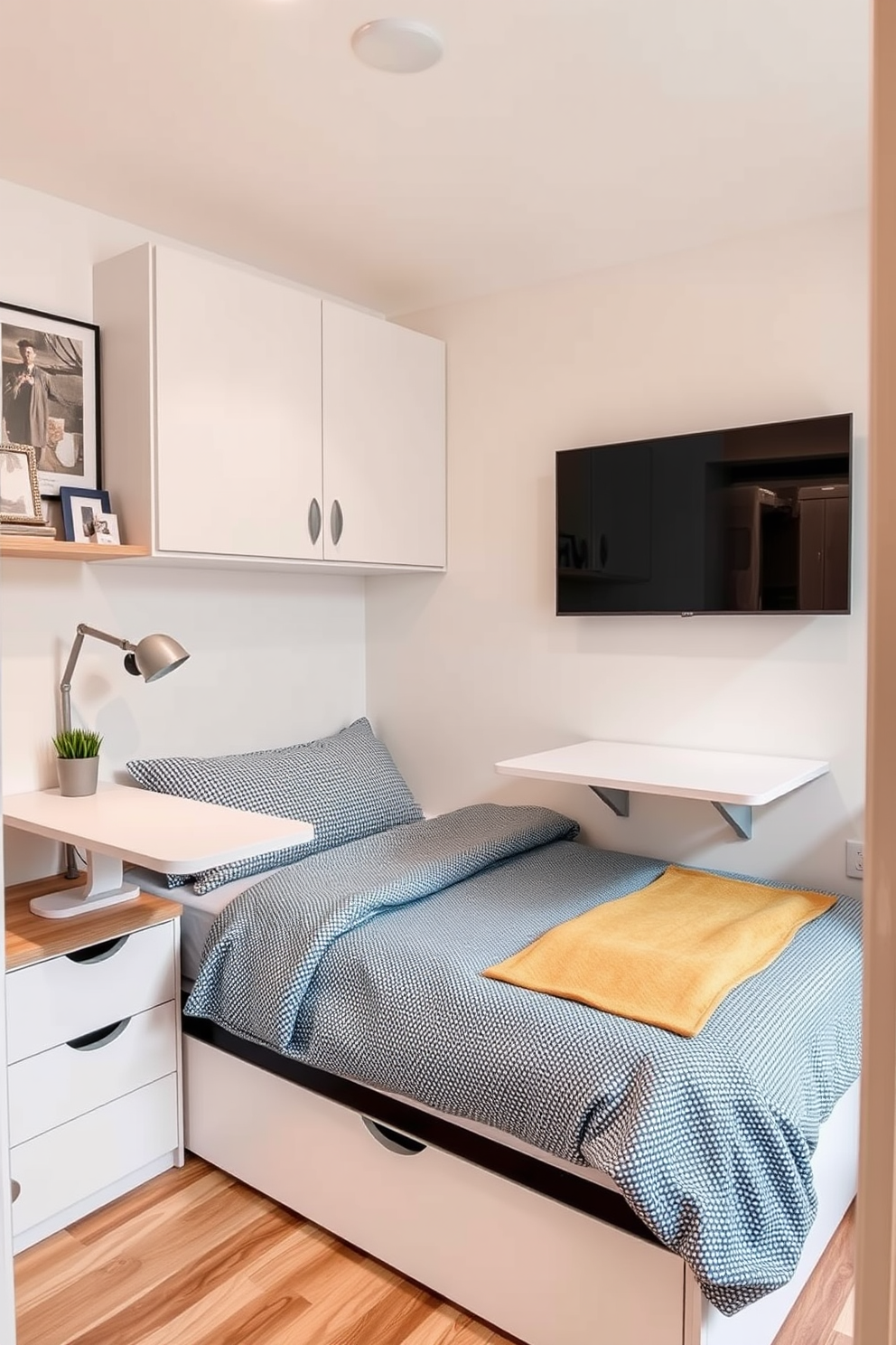 A very small bedroom designed with multi-functional furniture pieces. The bed serves as a storage unit with drawers underneath, while a foldable desk is attached to the wall for workspace efficiency.