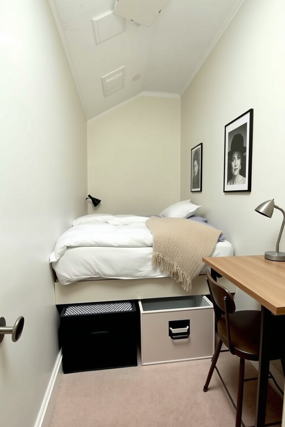 A very small bedroom featuring a cozy bed elevated on a platform to maximize under-bed storage. The space includes neatly organized storage bins in soft pastel colors tucked under the bed, providing both functionality and style. The walls are painted in a light, airy hue to create a sense of openness. A compact nightstand with a minimalist design sits next to the bed, adorned with a small lamp and a few decorative books.