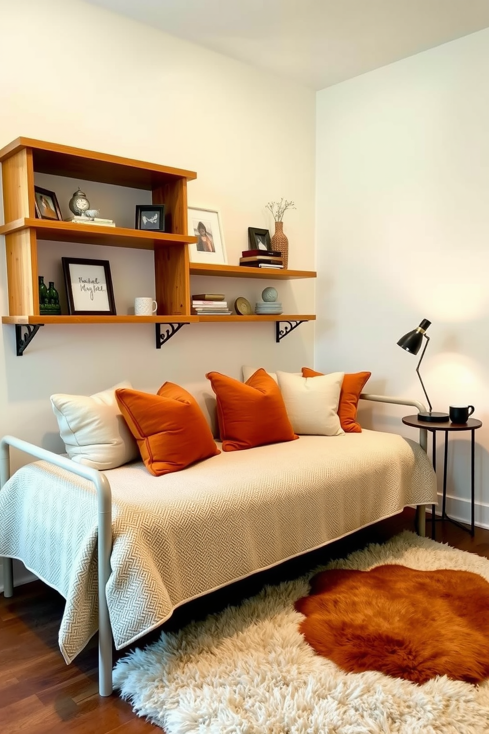 A cozy daybed is placed against the wall, adorned with soft throw pillows in warm tones. The bedspread features a textured fabric that adds depth, while a small side table holds a stylish lamp for reading. The walls are painted in a light pastel color to create an open feel, and a plush area rug lies beneath the daybed for added comfort. Shelving above the bed showcases personal items and decorative accents, maximizing vertical space in this very small bedroom.