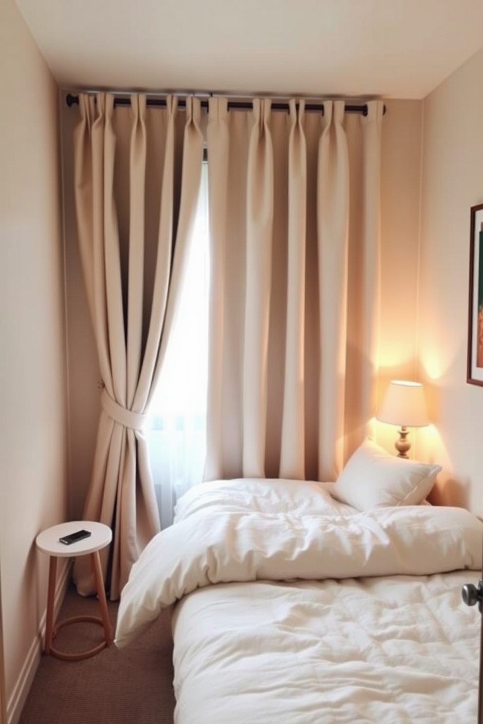 A very small bedroom features a cozy bed with plush bedding positioned against a light-colored wall. Soft, ambient lighting creates a warm atmosphere, while a compact nightstand holds a small lamp and a few personal items. Hang curtains high to elongate the walls and create the illusion of height. Choose light, airy fabrics that gently filter natural light, enhancing the room's brightness.