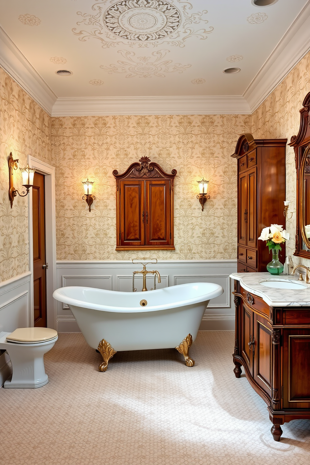 A stunning Victorian bathroom featuring a magnificent clawfoot bathtub as the centerpiece. The bathtub is elegantly positioned on a beautifully patterned area rug, surrounded by intricate tile work and vintage-style fixtures. Richly detailed wallpaper in soft pastels adorns the walls, complemented by ornate crown molding. A vintage chandelier hangs from the ceiling, casting a warm glow over the space and enhancing the luxurious atmosphere.