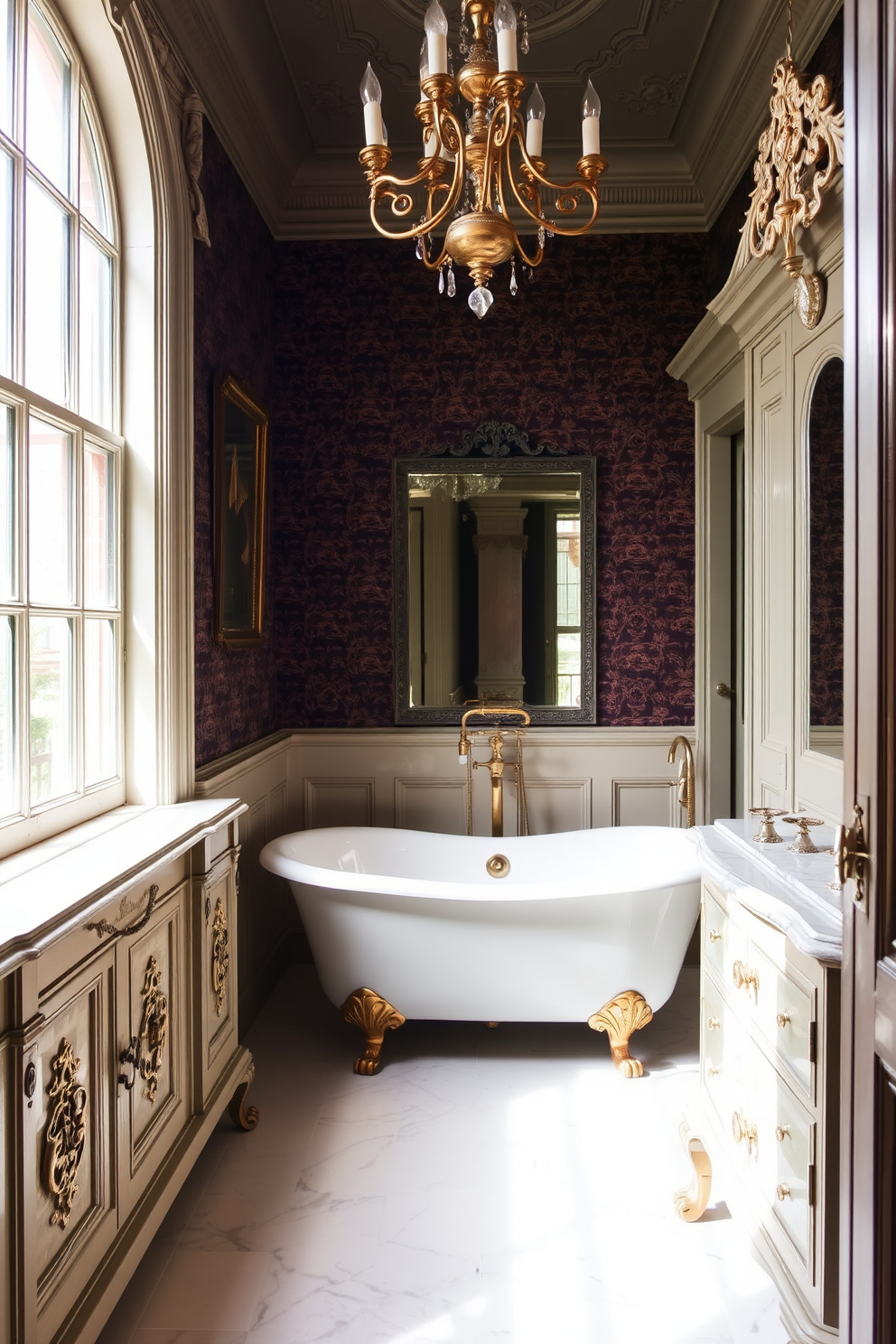 A luxurious Victorian bathroom featuring a freestanding clawfoot bathtub positioned elegantly in the center. The walls are adorned with intricate wallpaper in deep jewel tones, complemented by a vintage chandelier hanging above the bathtub. Rich wooden cabinetry with ornate detailing surrounds the space, providing ample storage and a touch of sophistication. Large windows draped with heavy velvet curtains allow natural light to filter in, enhancing the opulence of the design.