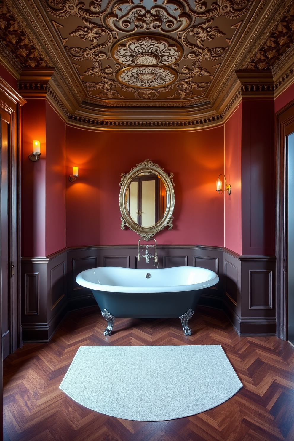 A luxurious Victorian bathroom features intricate decorative crown molding that enhances the elegance of the space. The walls are adorned with rich, deep colors that complement the ornate details of the crown molding. A freestanding clawfoot bathtub sits gracefully in the center, surrounded by vintage-inspired fixtures. Elegant sconces with warm lighting illuminate the room, creating a cozy and inviting atmosphere.