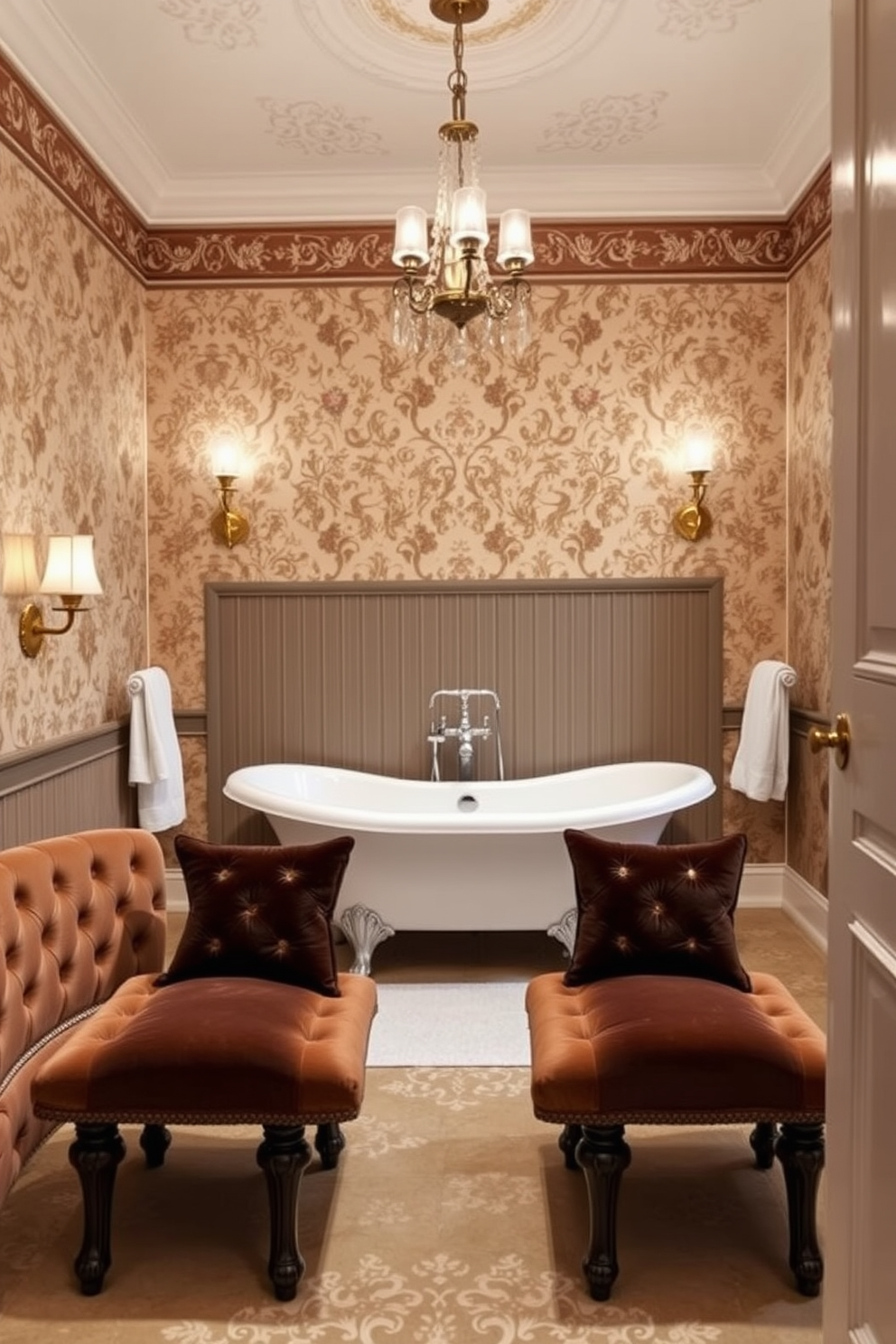 Create a Victorian bathroom design featuring patterned wallpaper that adds visual interest to the space. The room includes a clawfoot bathtub with a vintage faucet and a pedestal sink with ornate detailing.