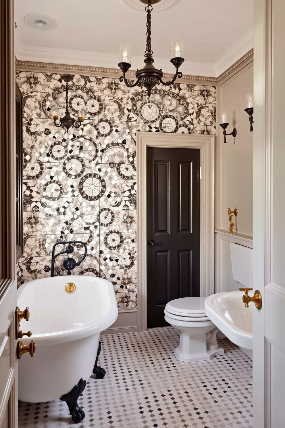 A Victorian bathroom featuring elegant antique furniture that adds character to the space. The room is adorned with a clawfoot bathtub, a vintage wooden vanity with ornate detailing, and a tall, intricately carved mirror reflecting the soft candlelight. Rich, deep colors dominate the walls, complemented by plush, patterned wallpaper that enhances the opulence of the design. Elegant fixtures in polished brass provide a luxurious touch, while delicate lace curtains frame the windows, allowing natural light to filter in softly.