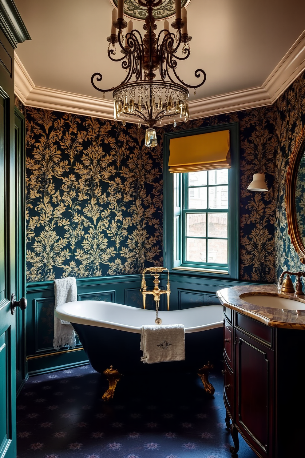 A luxurious bathroom adorned with bold wallpaper featuring intricate Victorian patterns. The space includes a freestanding clawfoot bathtub and an ornate chandelier that adds elegance to the atmosphere. The walls are painted in deep jewel tones that complement the wallpaper, creating a rich and inviting environment. Antique brass fixtures and a vintage vanity with a marble top enhance the classic Victorian aesthetic.