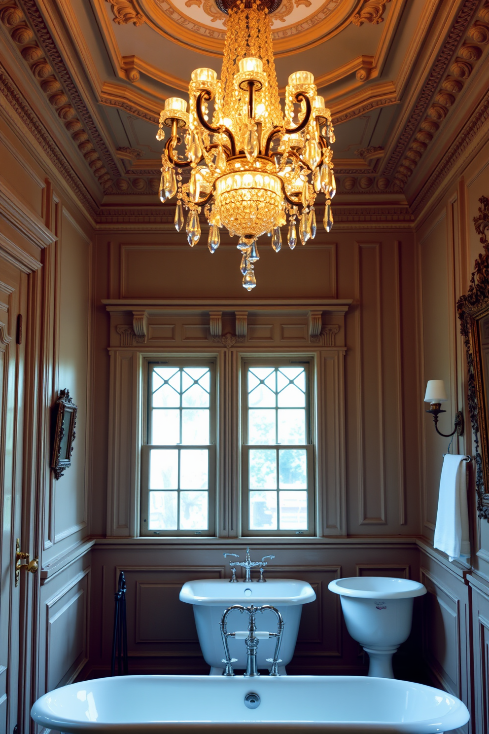 A luxurious Victorian bathroom featuring an ornate glass chandelier that casts a warm glow throughout the space. The room is adorned with intricate moldings and vintage fixtures, creating an elegant and timeless atmosphere.