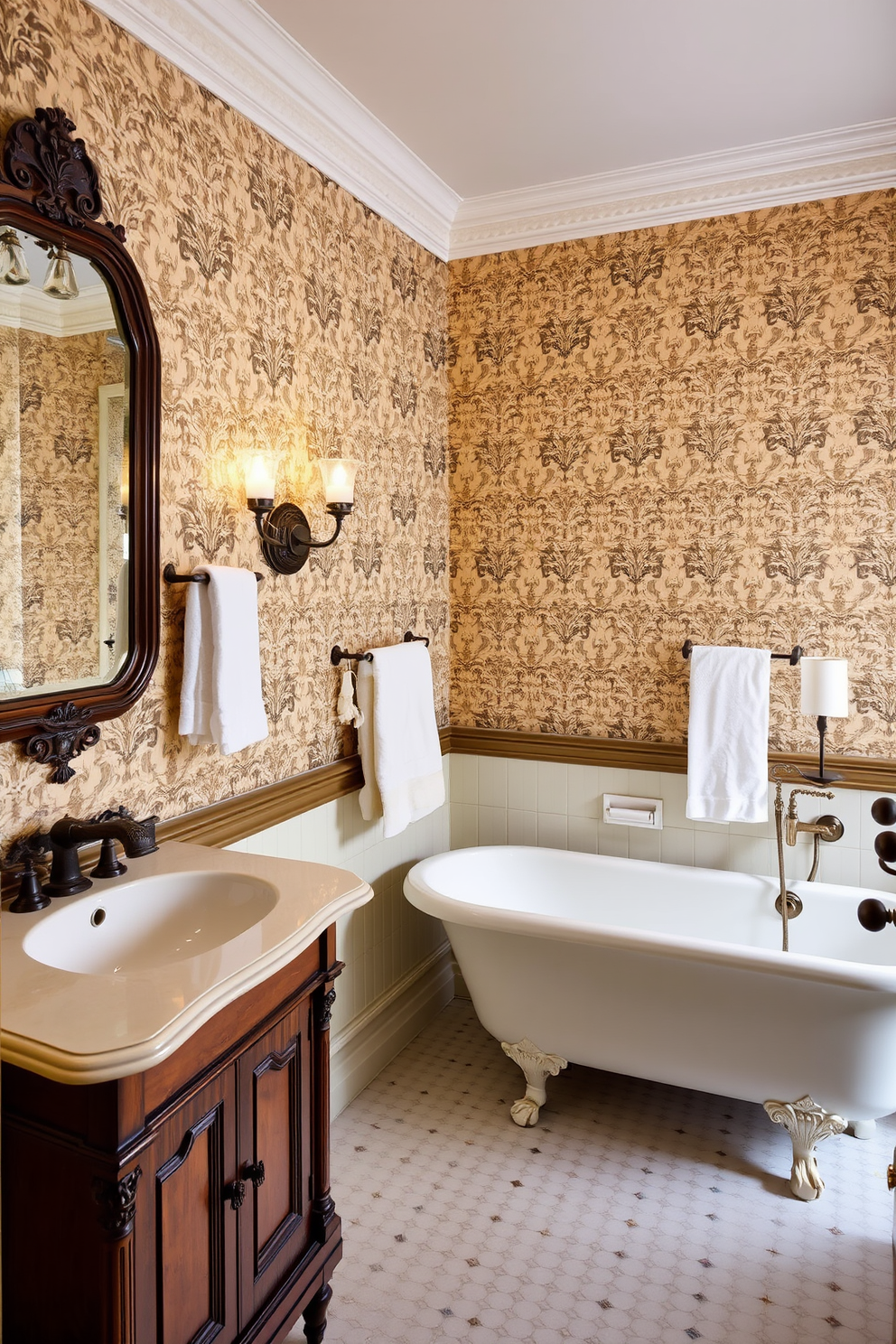 A charming Victorian bathroom features wrought iron towel racks that add a touch of elegance to the space. The walls are adorned with intricate wallpaper, and a freestanding clawfoot tub sits gracefully against one side. A vintage wooden vanity with a porcelain sink complements the overall aesthetic. Soft lighting from ornate sconces illuminates the room, enhancing the rich colors and textures.