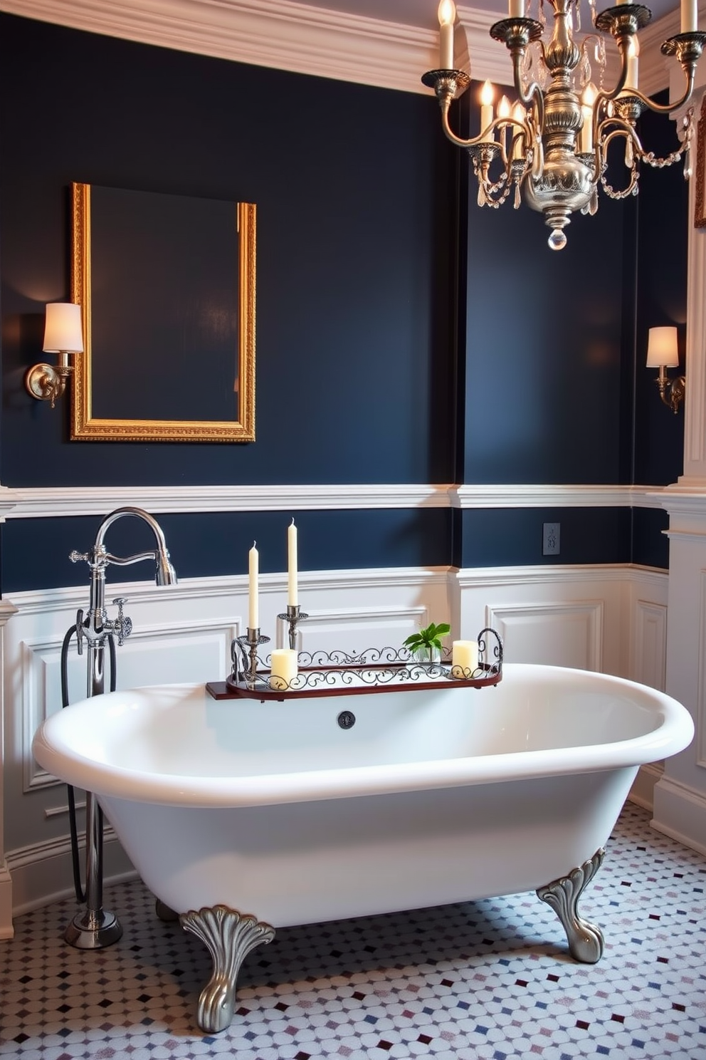 A luxurious Victorian bathroom featuring a traditional clawfoot bathtub with a polished chrome faucet. The bath caddy rests elegantly across the tub, adorned with candles and a small potted plant, adding a touch of nature to the space. The walls are painted in a rich deep blue, complemented by intricate white wainscoting that enhances the classic aesthetic. Antique-style fixtures and a vintage chandelier provide a warm glow, creating a serene and inviting atmosphere.